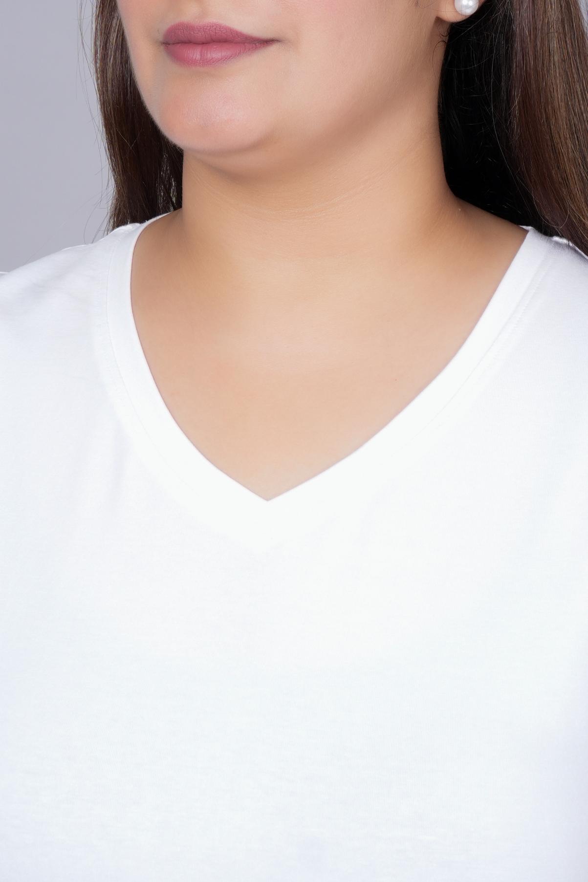 White long v neck cotton lycra t-shirt with pockets