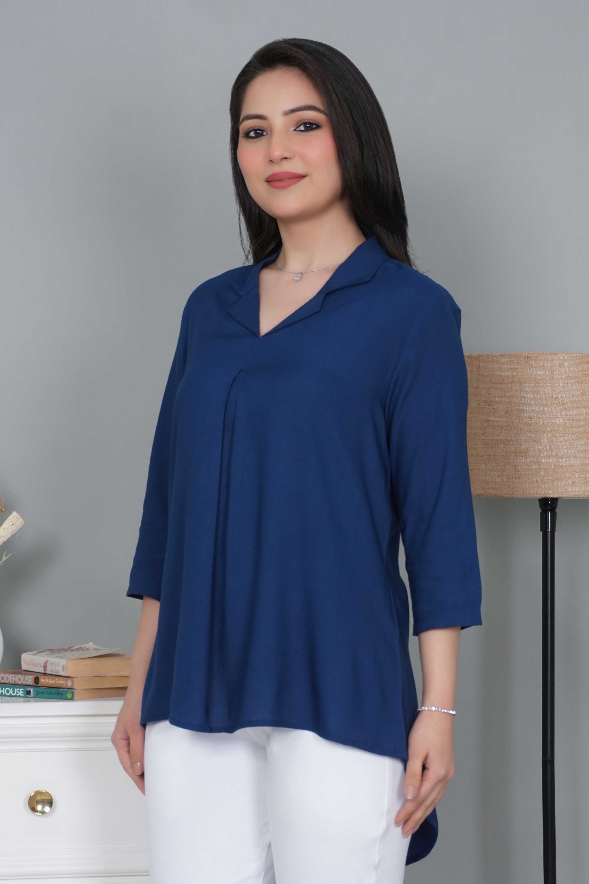 Indigo blue rayon collar top [ Premium 100% Rayon, Liva Certified ]