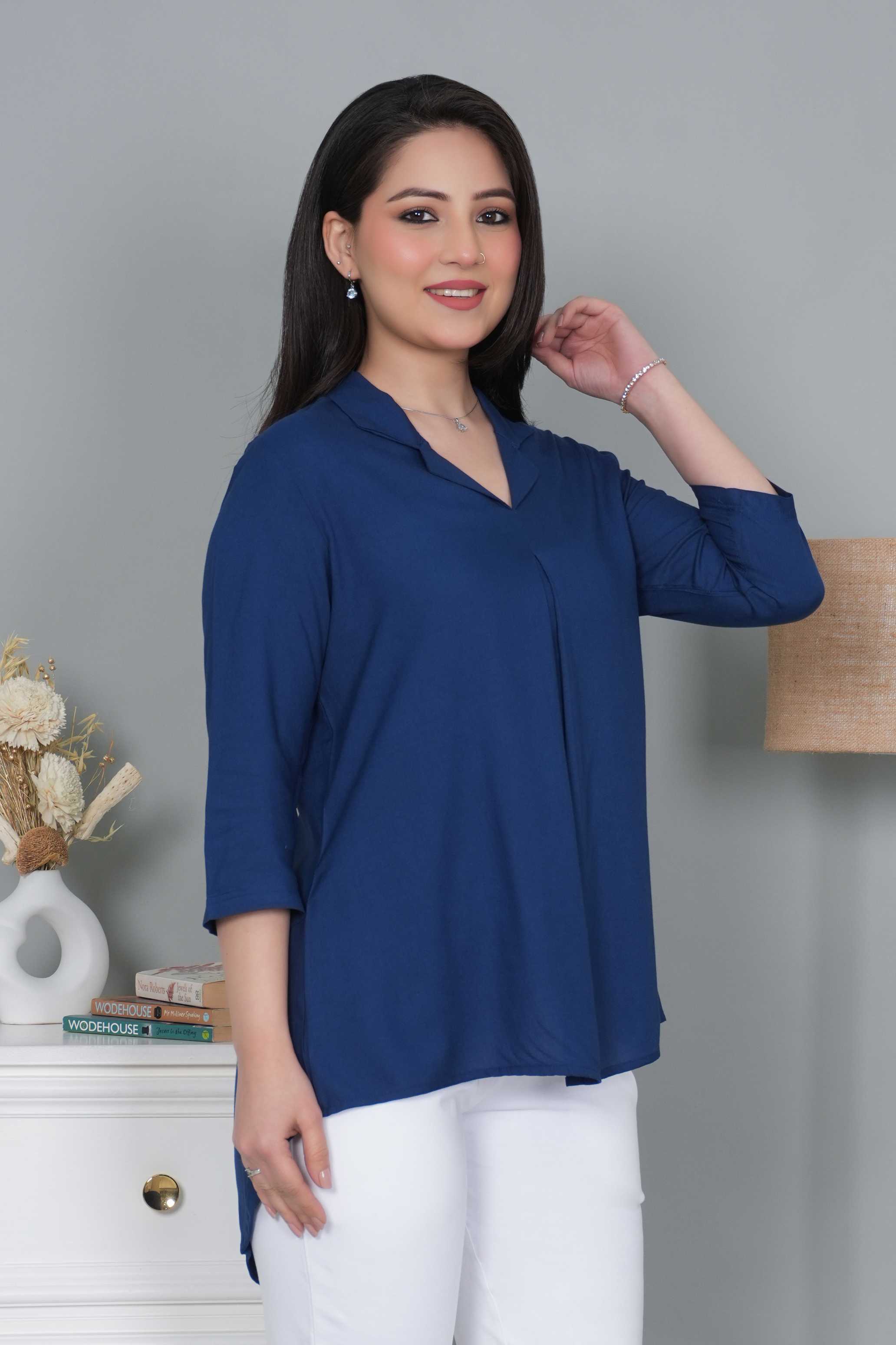 Indigo blue rayon collar top [ Premium 100% Rayon, Liva Certified ]