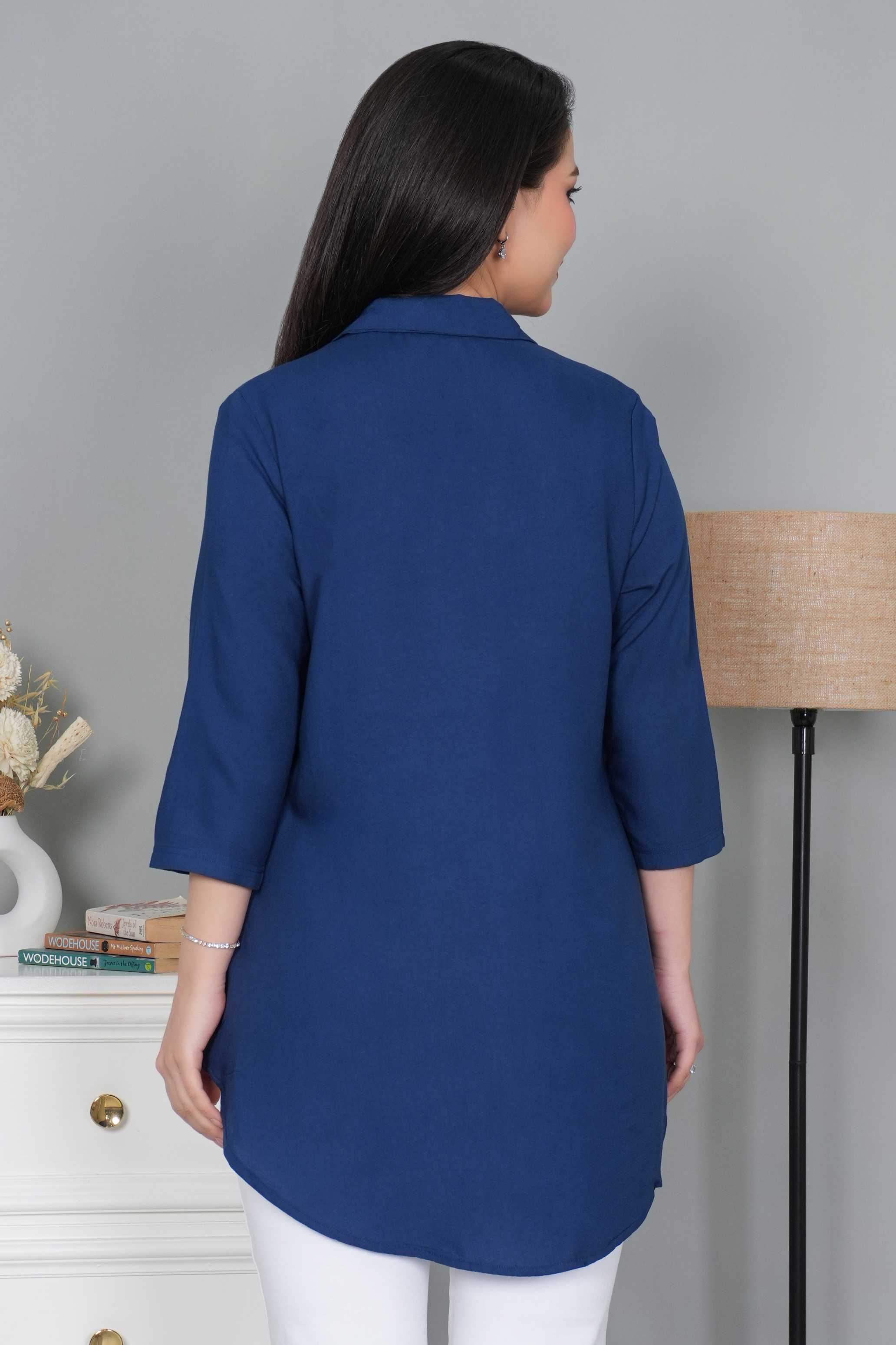 Indigo blue rayon collar top [ Premium 100% Rayon, Liva Certified ]