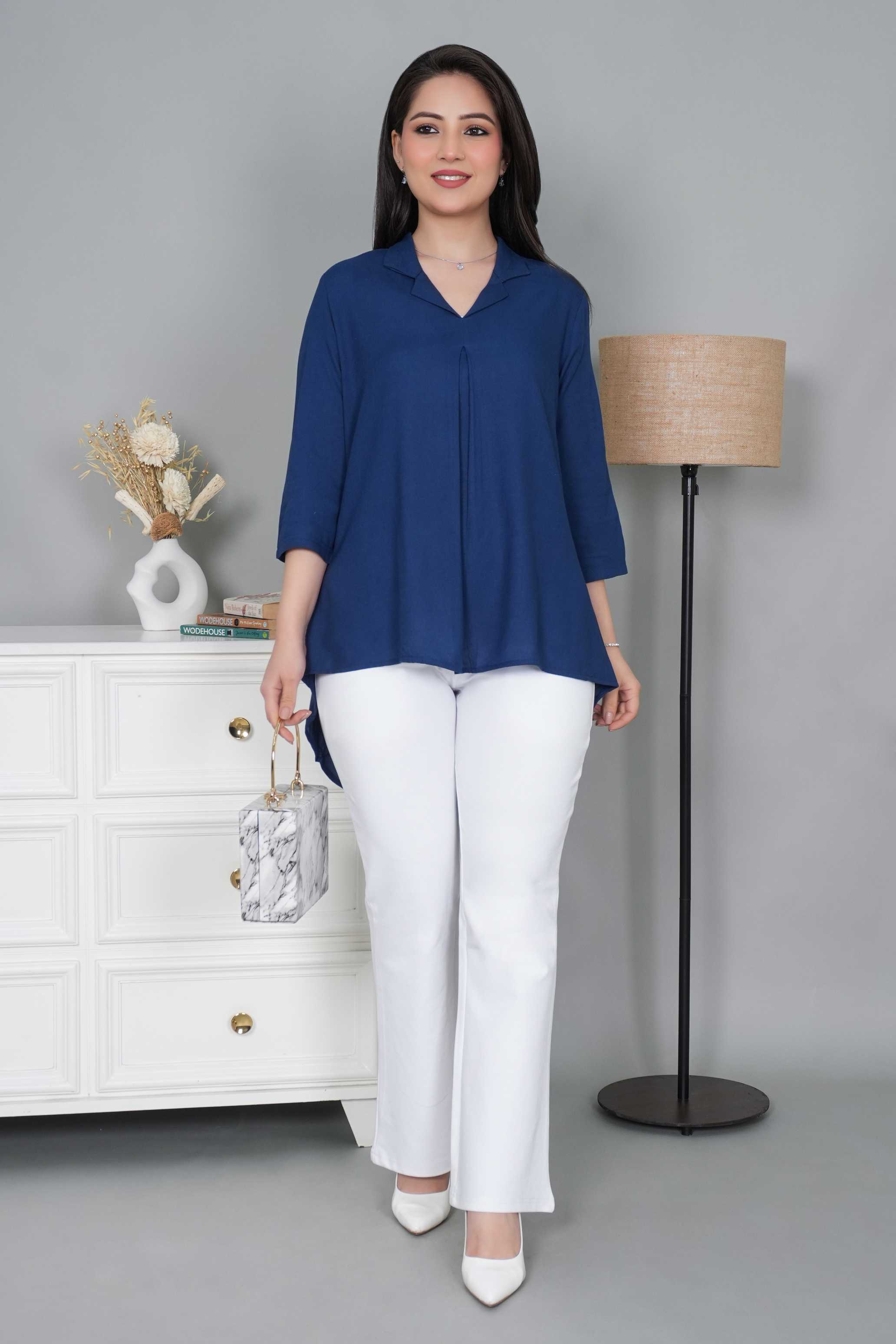 Indigo blue rayon collar top [ Premium 100% Rayon, Liva Certified ]