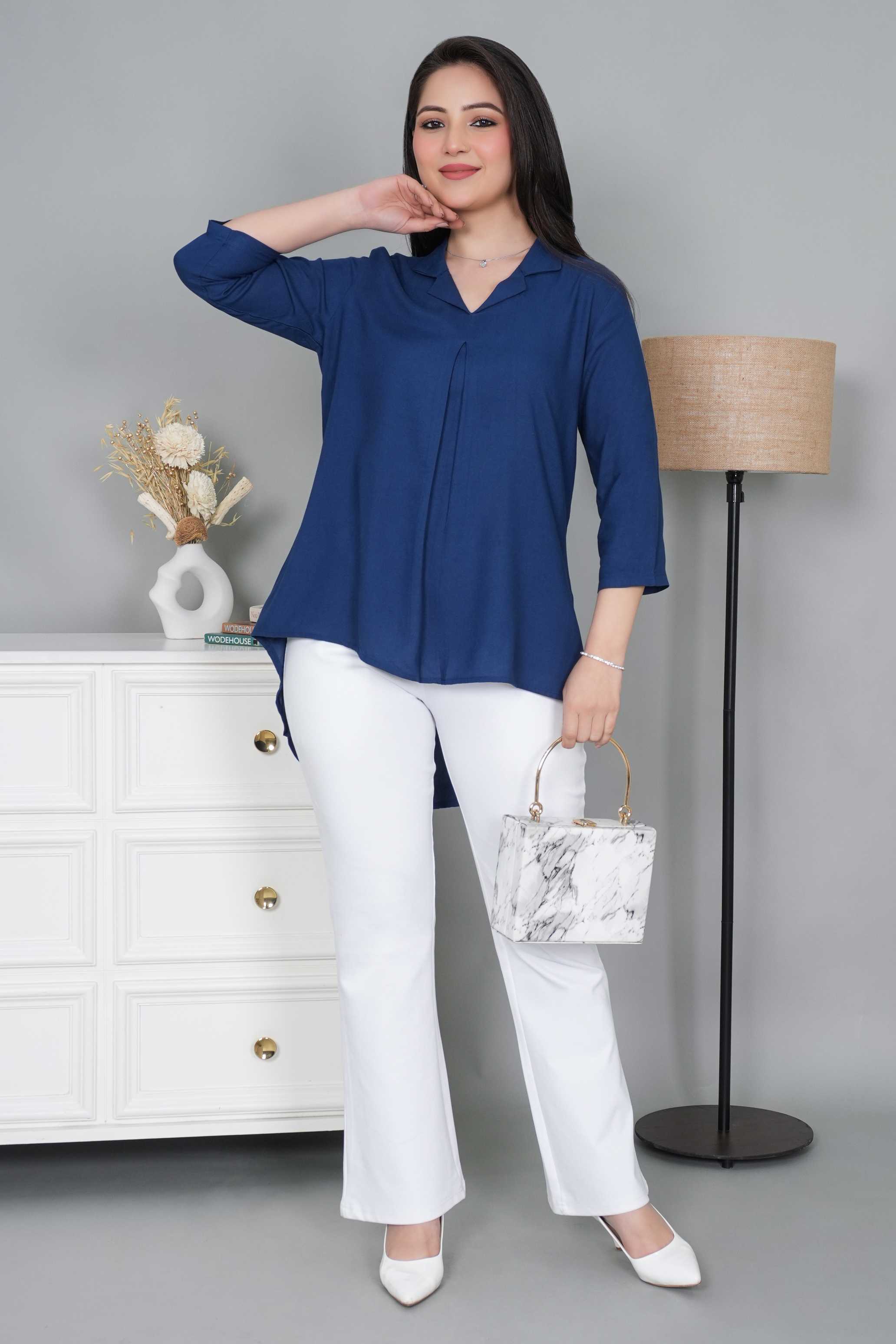 Indigo blue rayon collar top [ Premium 100% Rayon, Liva Certified ]