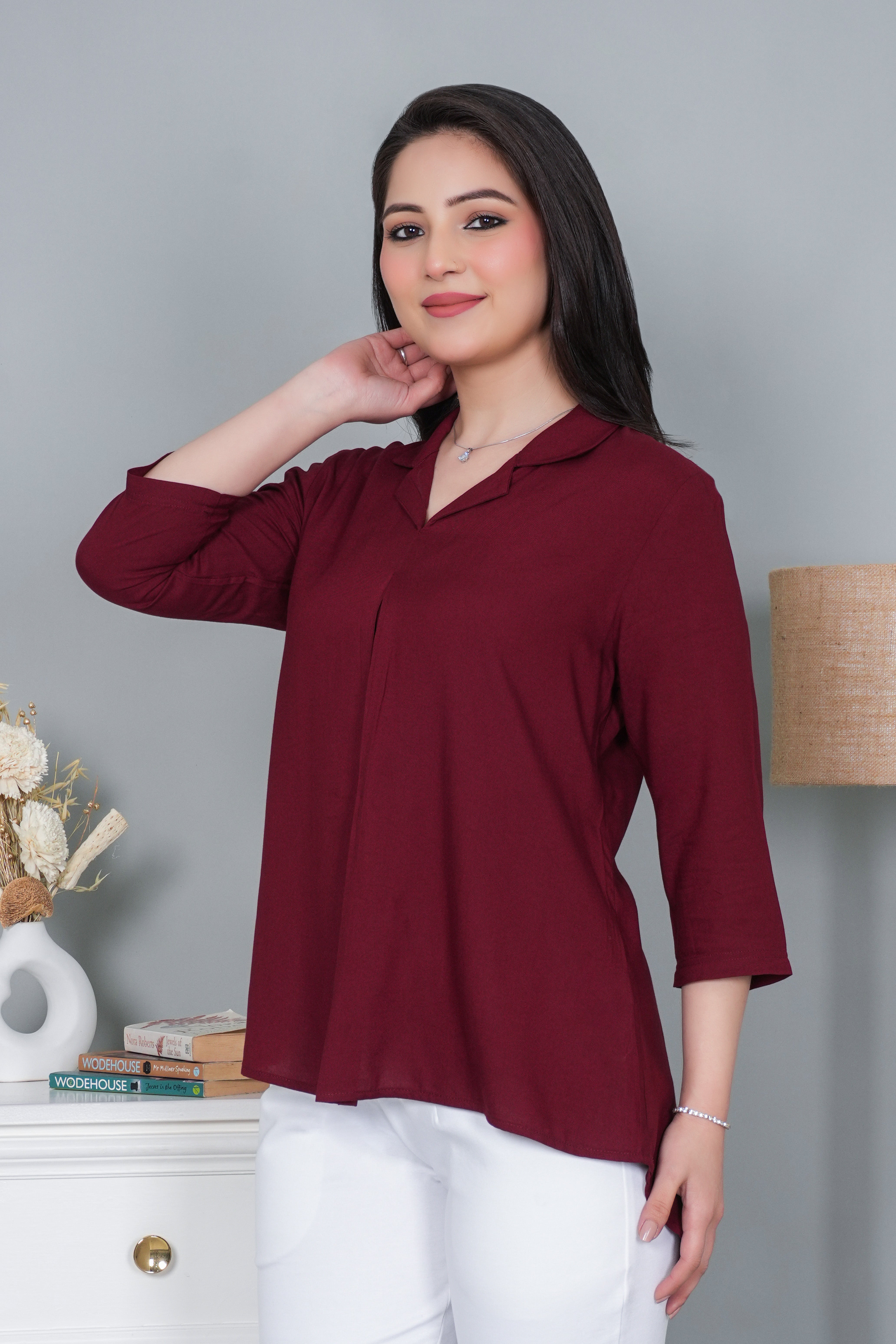 Dark maroon rayon collar top [ Premium 100% Rayon, Liva Certified ]