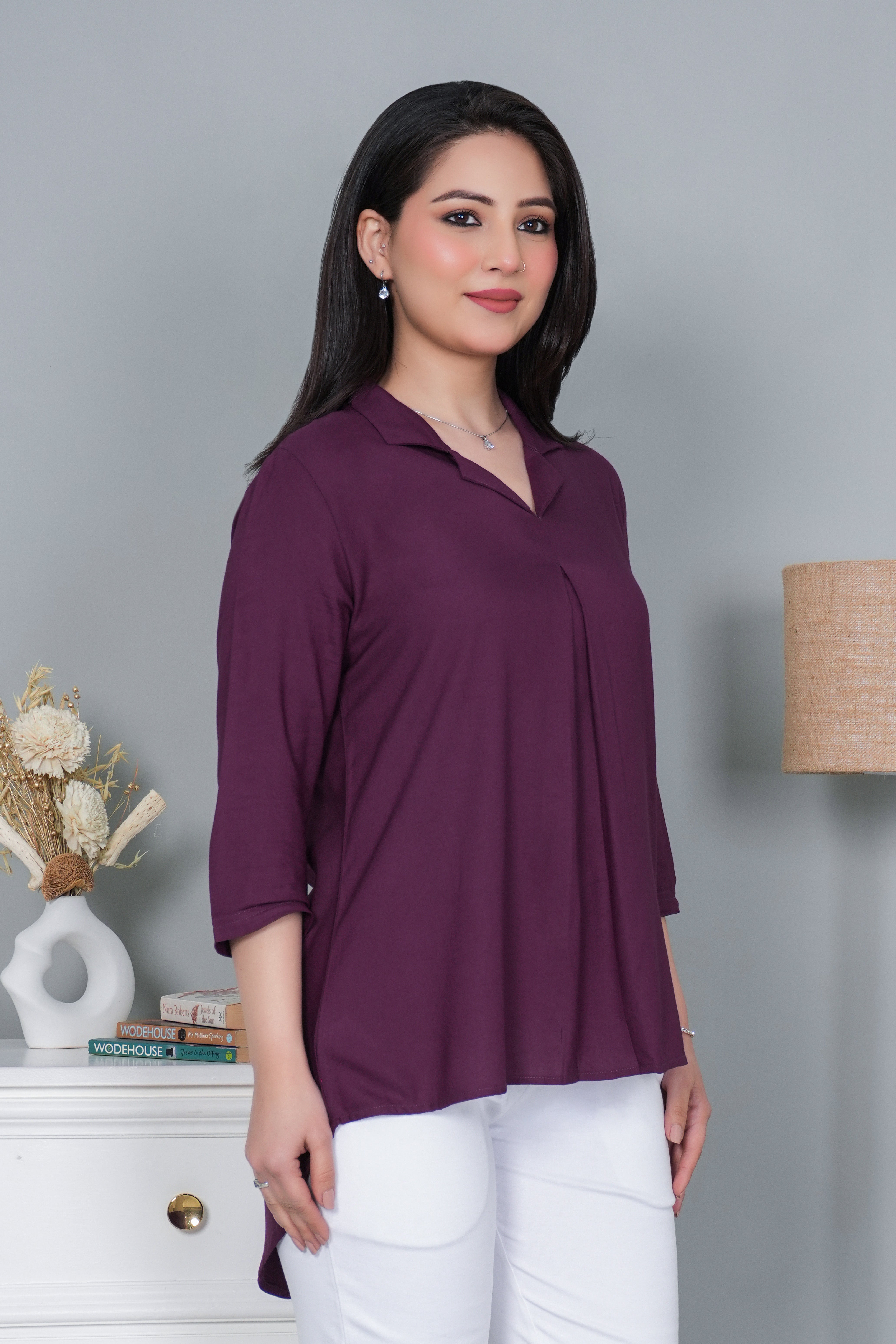 Dark purple rayon collar top [ Premium 100% Rayon, Liva Certified ]