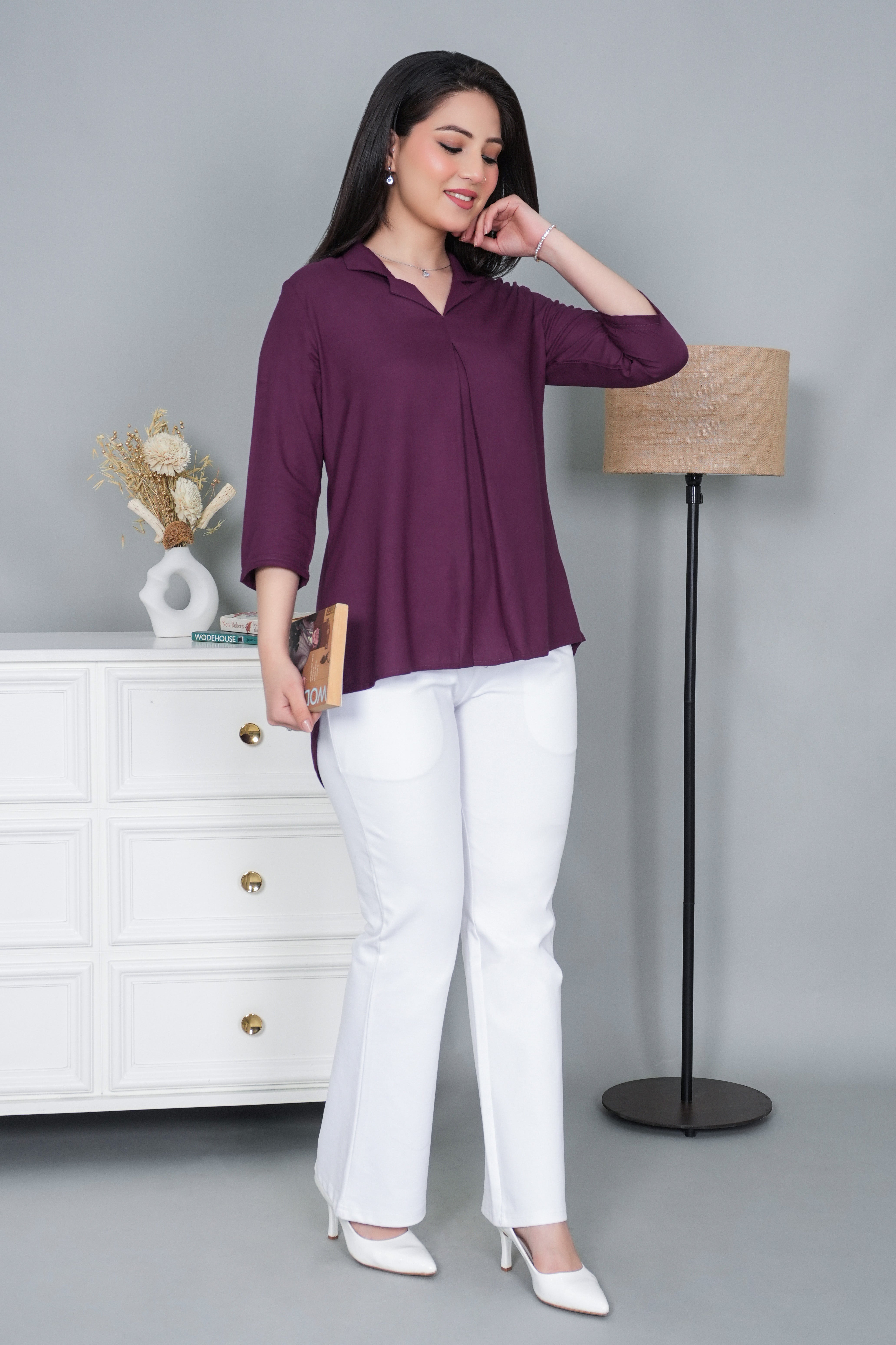 Dark purple rayon collar top [ Premium 100% Rayon, Liva Certified ]