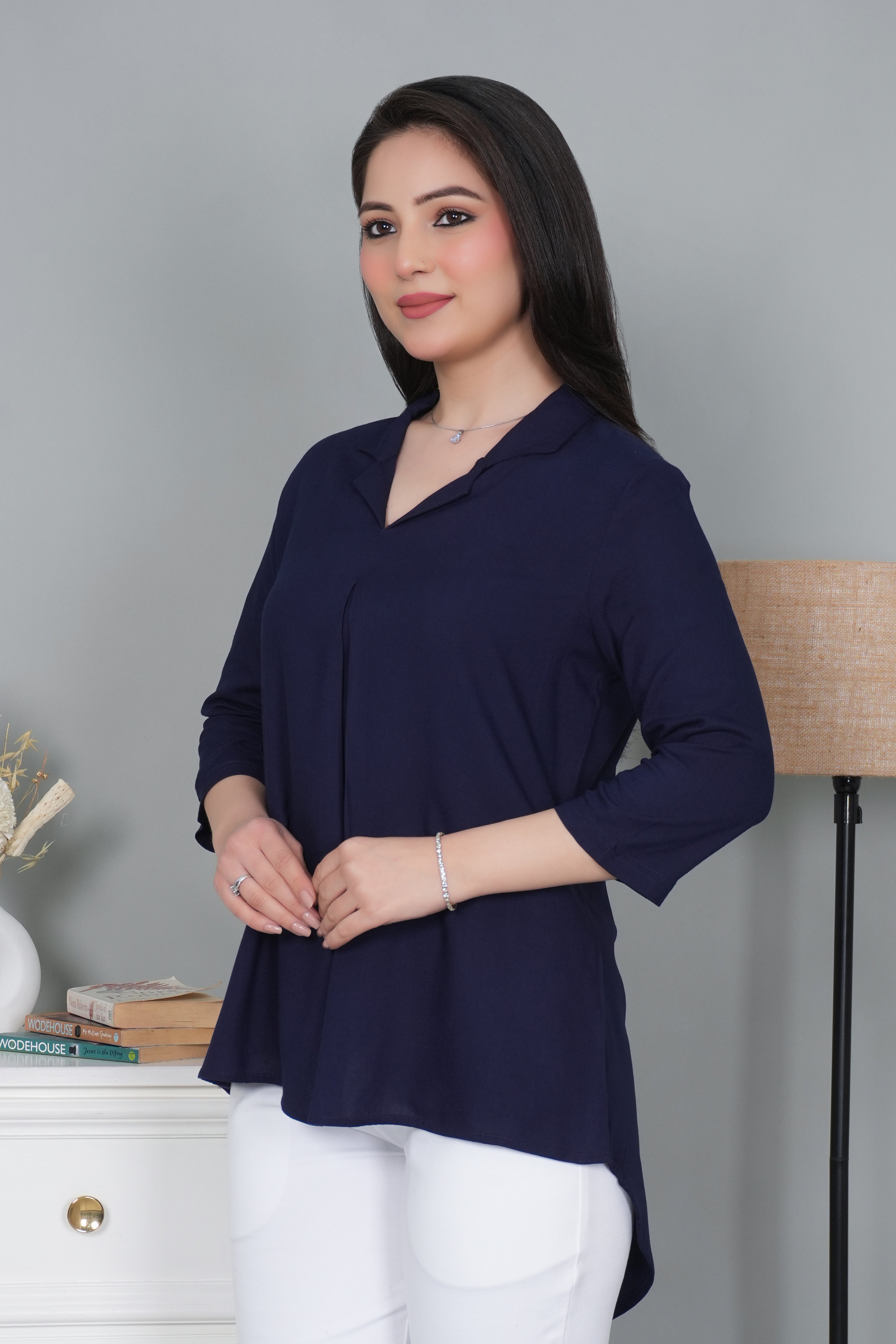 Navy rayon collar top [ Premium 100% Rayon, Liva Certified ]