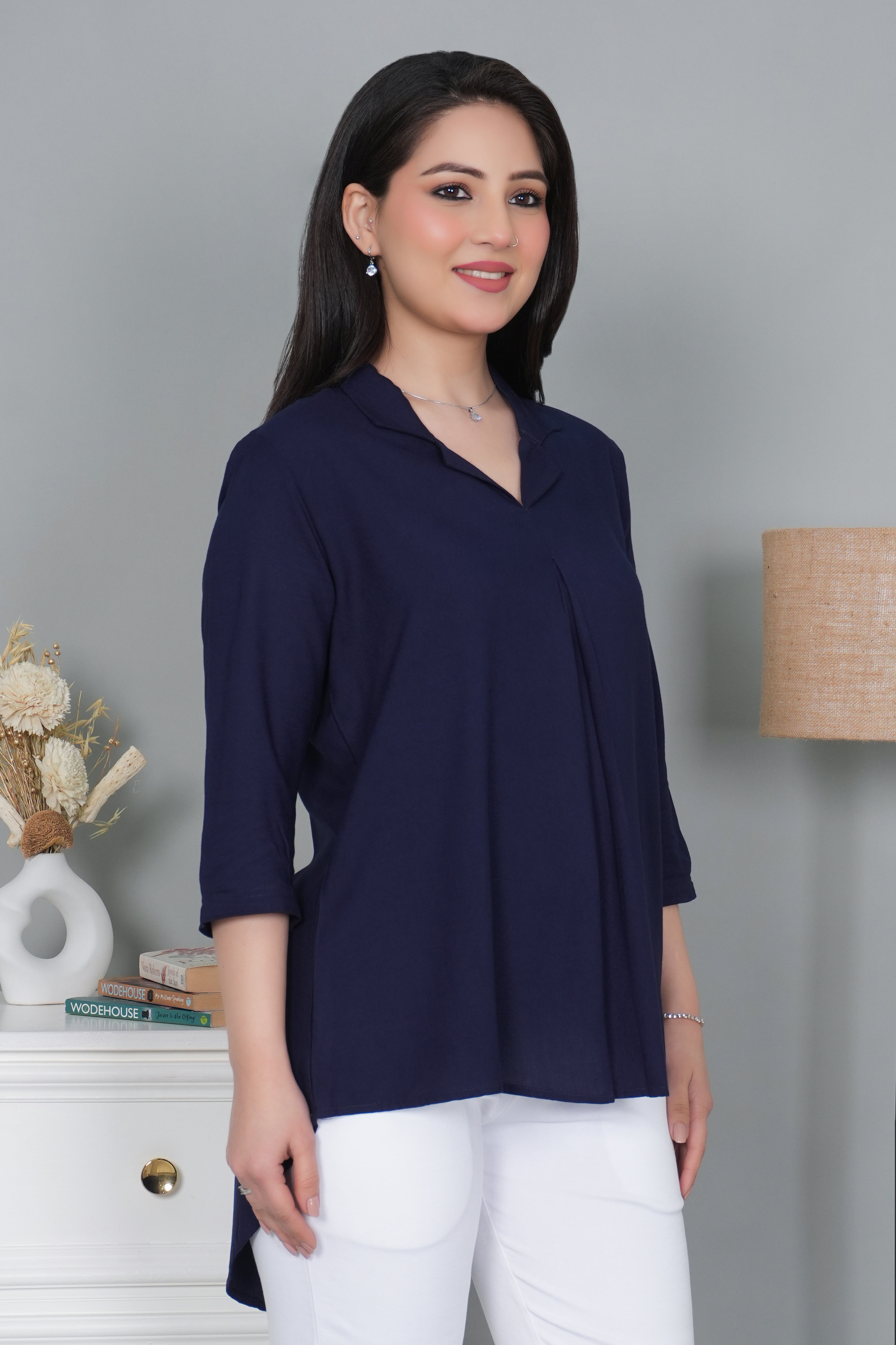 Navy rayon collar top [ Premium 100% Rayon, Liva Certified ]