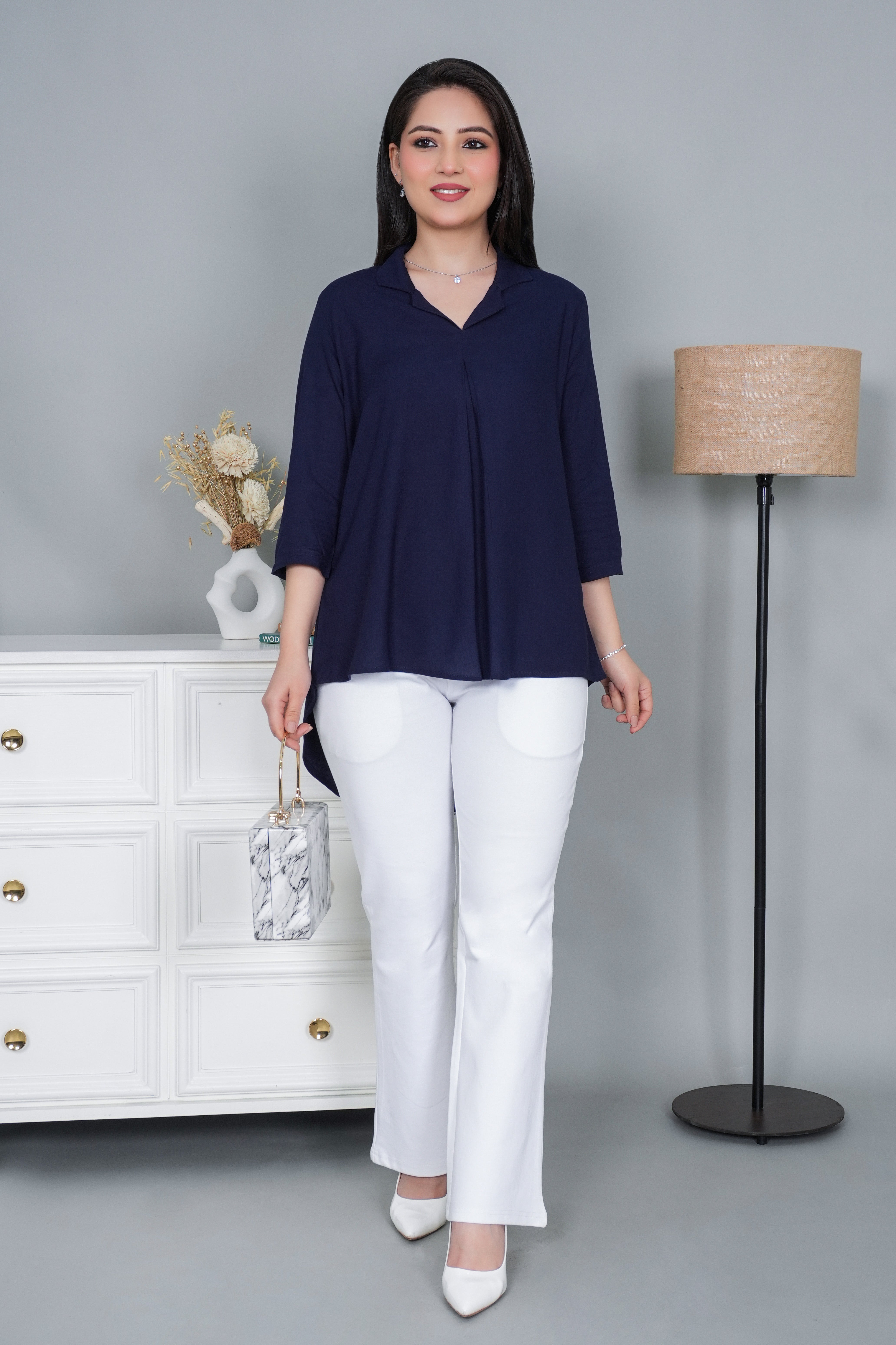 Navy rayon collar top [ Premium 100% Rayon, Liva Certified ]