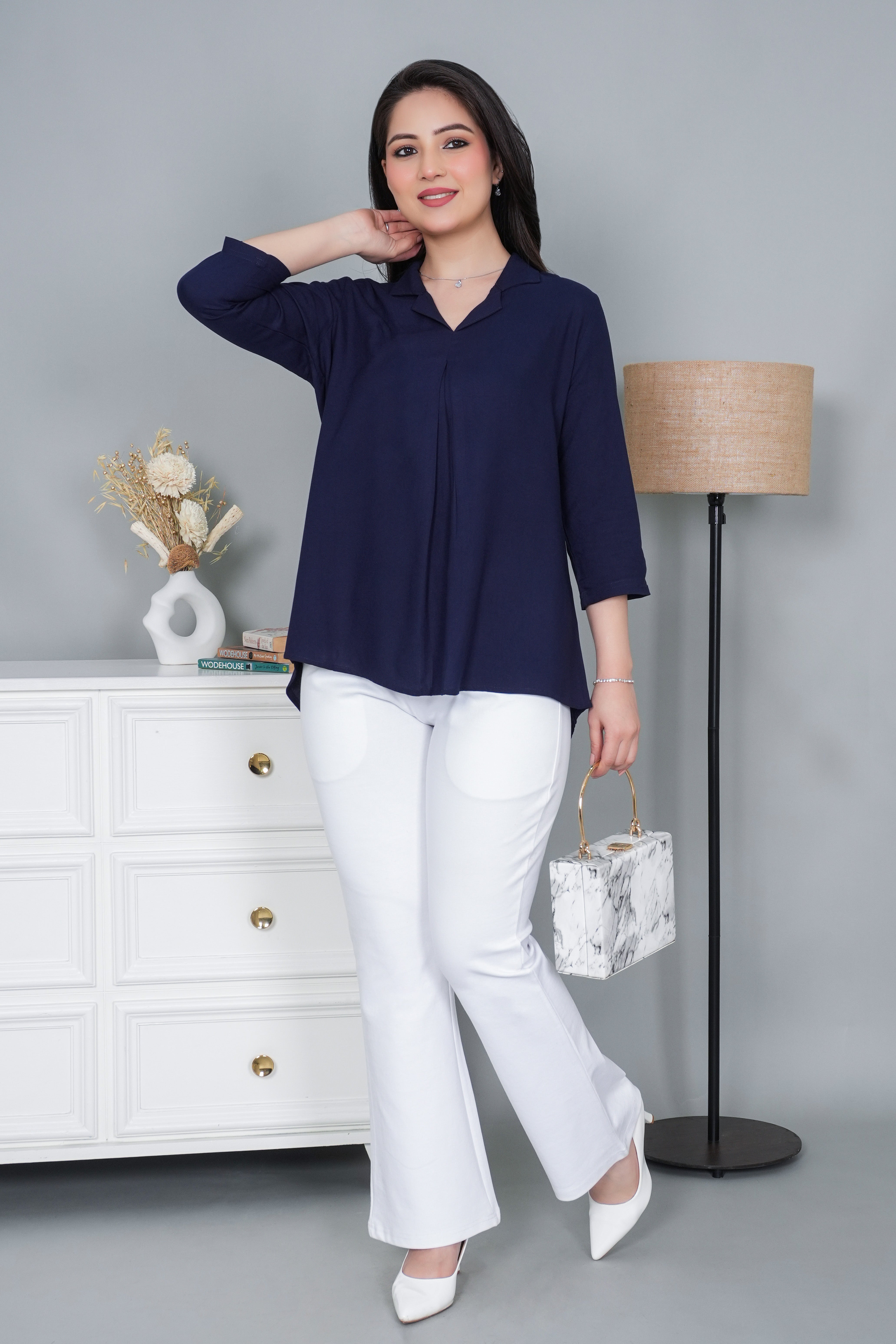 Navy rayon collar top [ Premium 100% Rayon, Liva Certified ]
