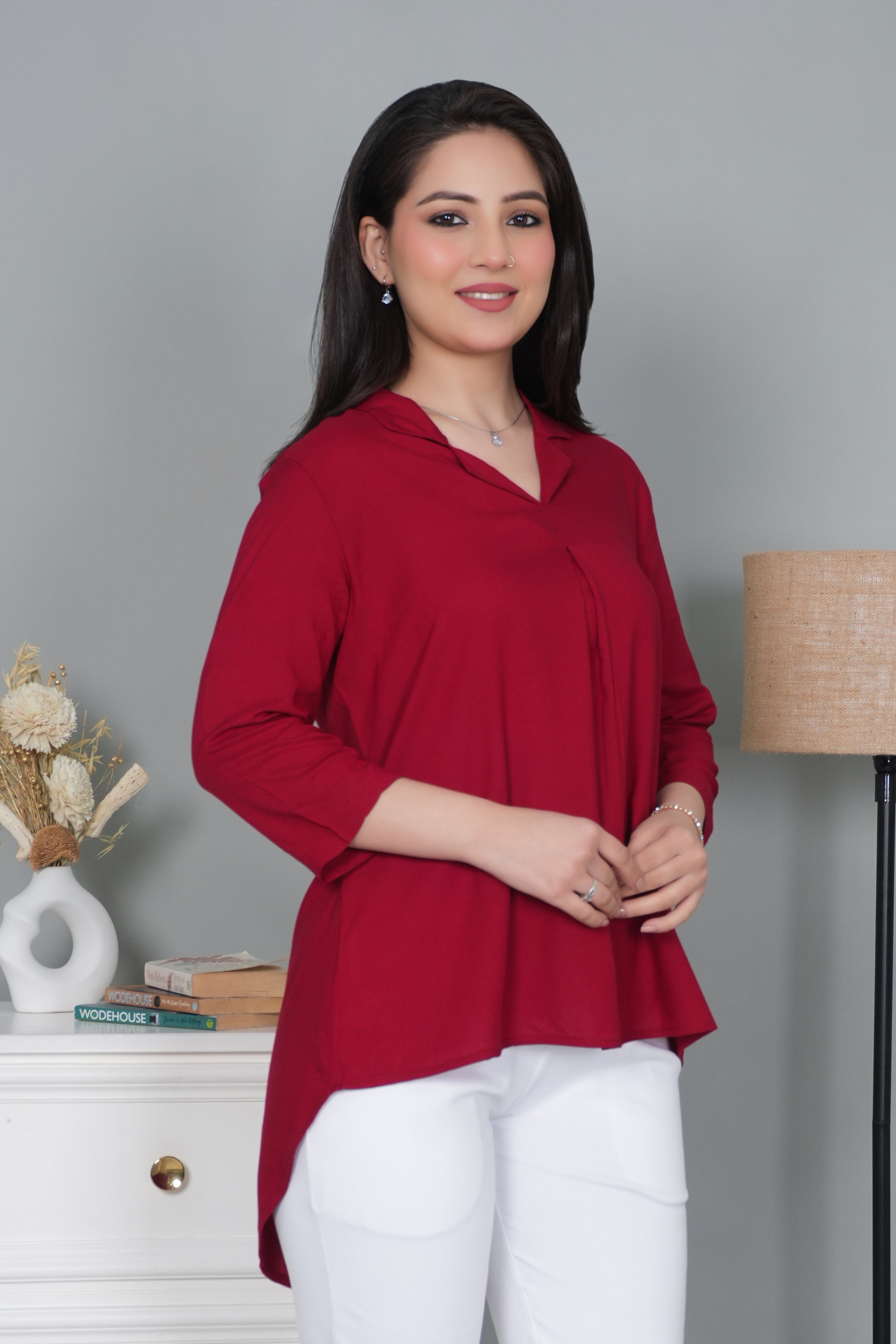Red rayon collar top [ Premium 100% Rayon, Liva Certified ]