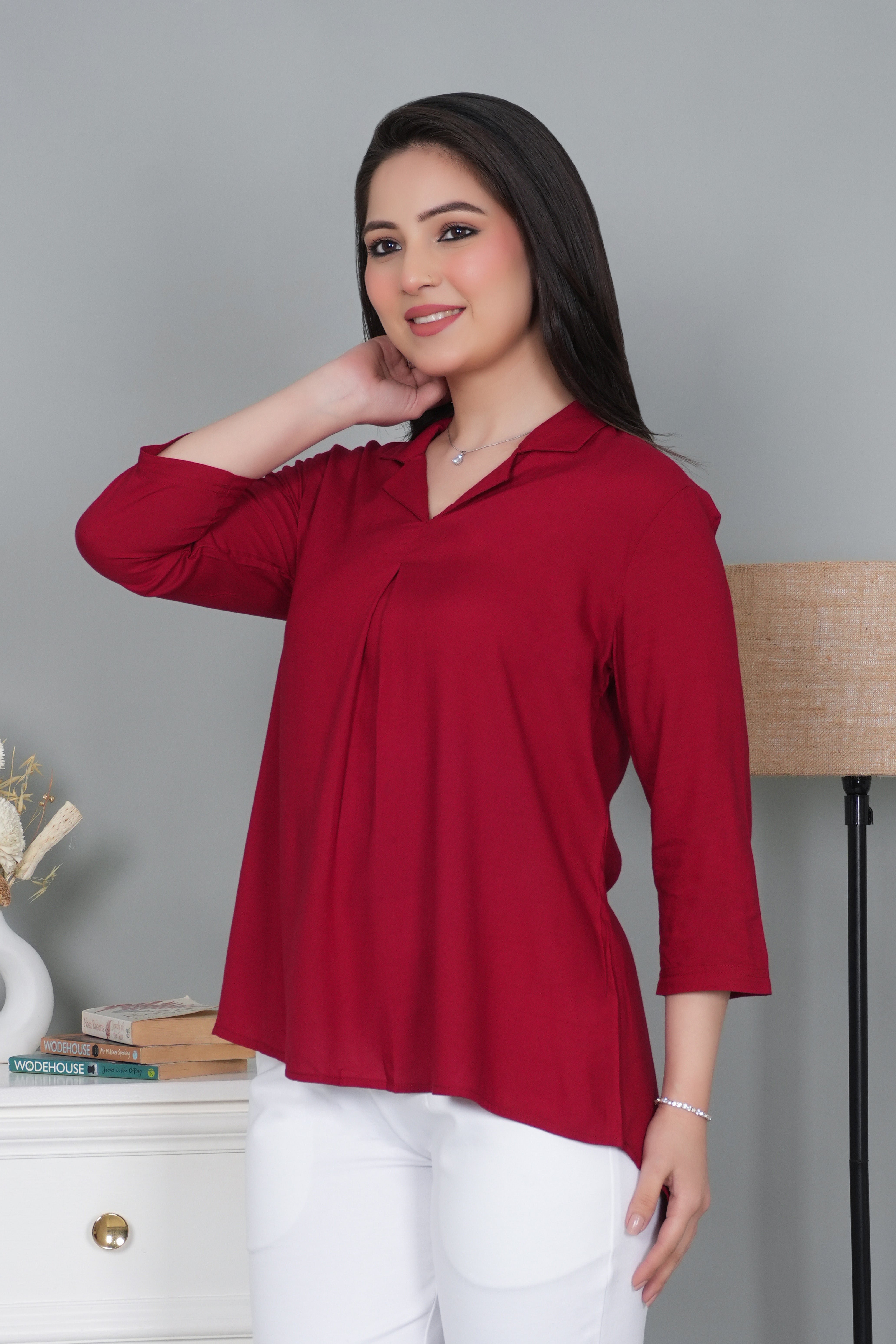 Red rayon collar top [ Premium 100% Rayon, Liva Certified ]