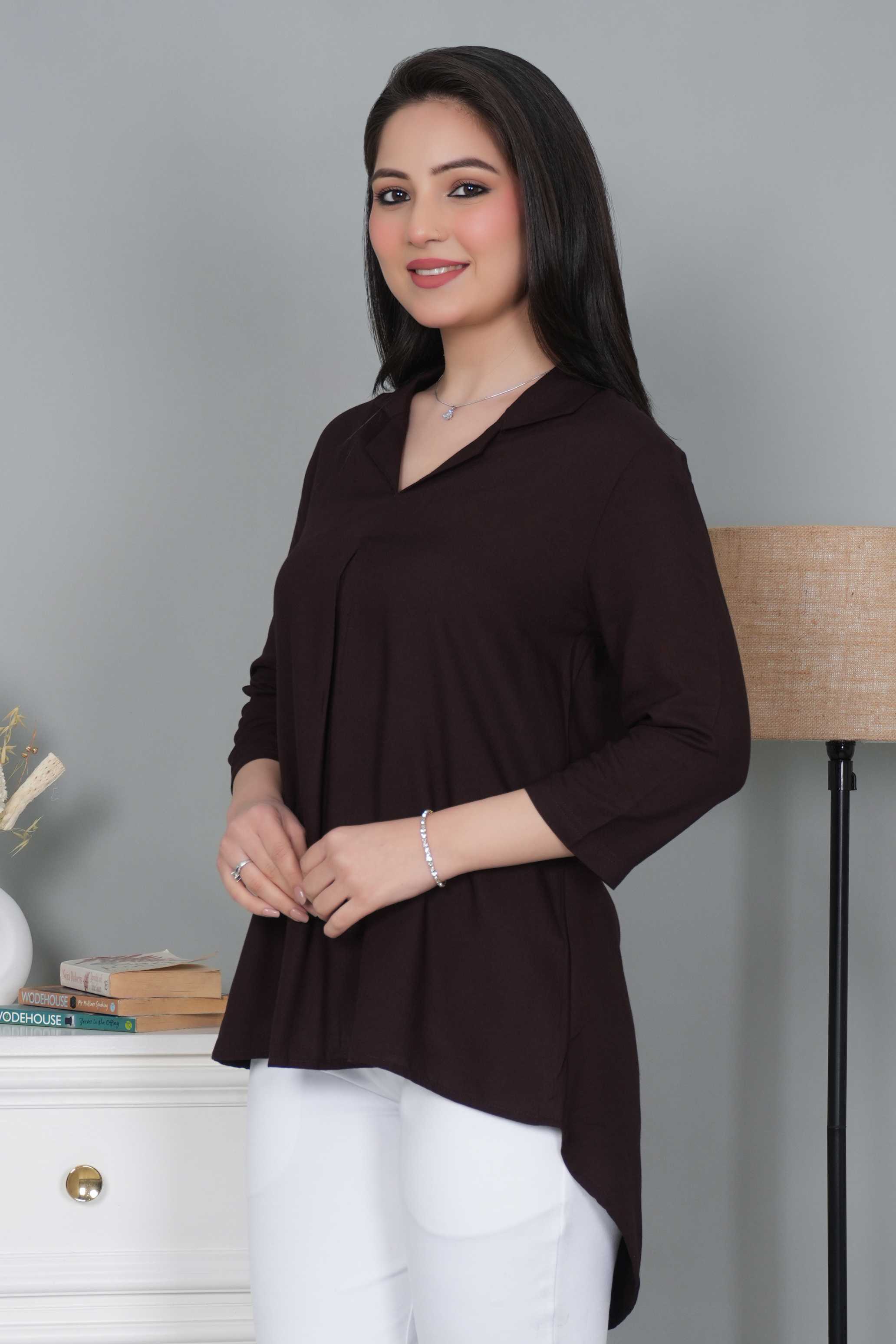 Dark chocolate rayon collar top [ Premium 100% Rayon, Liva Certified ]