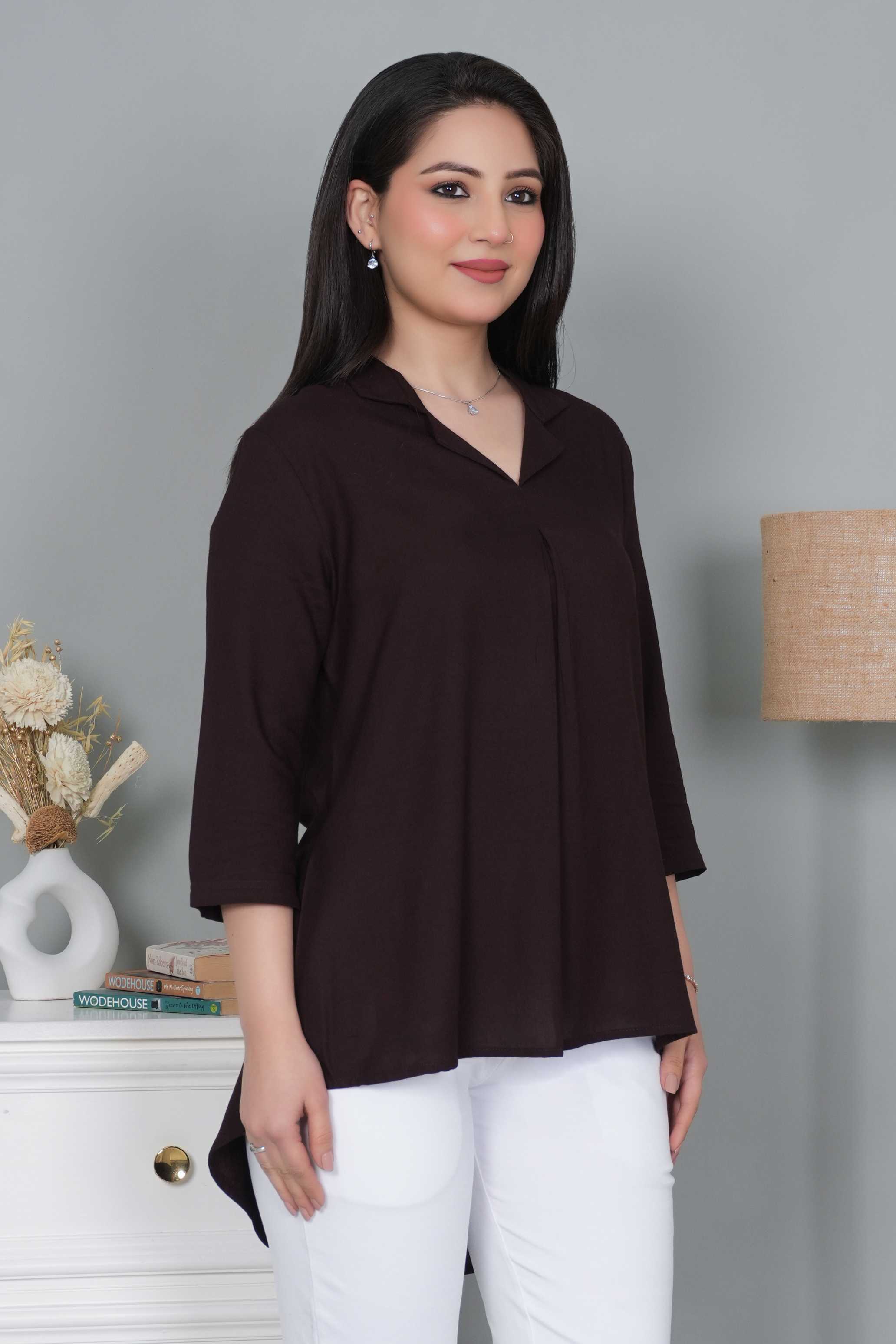 Dark chocolate rayon collar top [ Premium 100% Rayon, Liva Certified ]