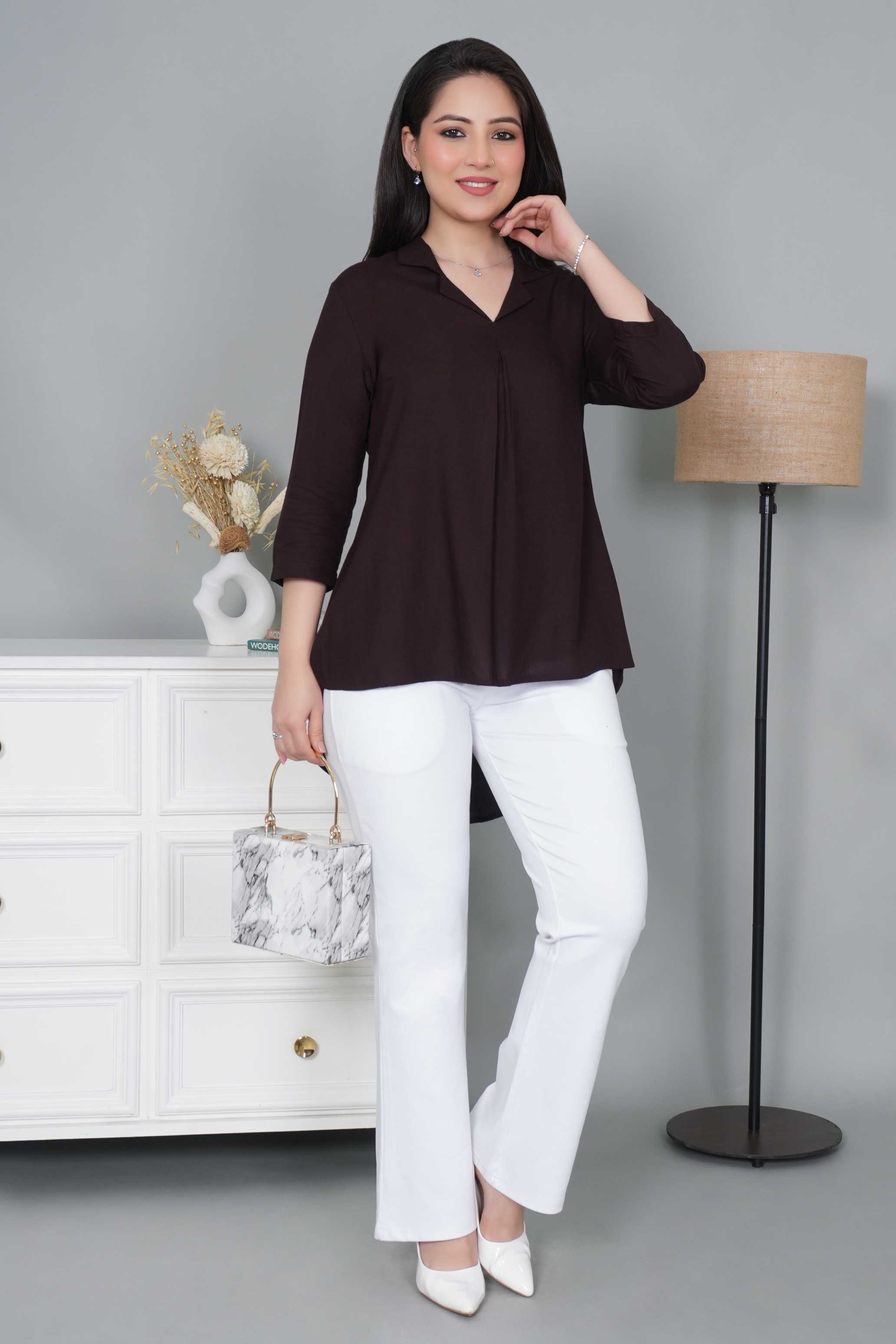 Dark chocolate rayon collar top [ Premium 100% Rayon, Liva Certified ]