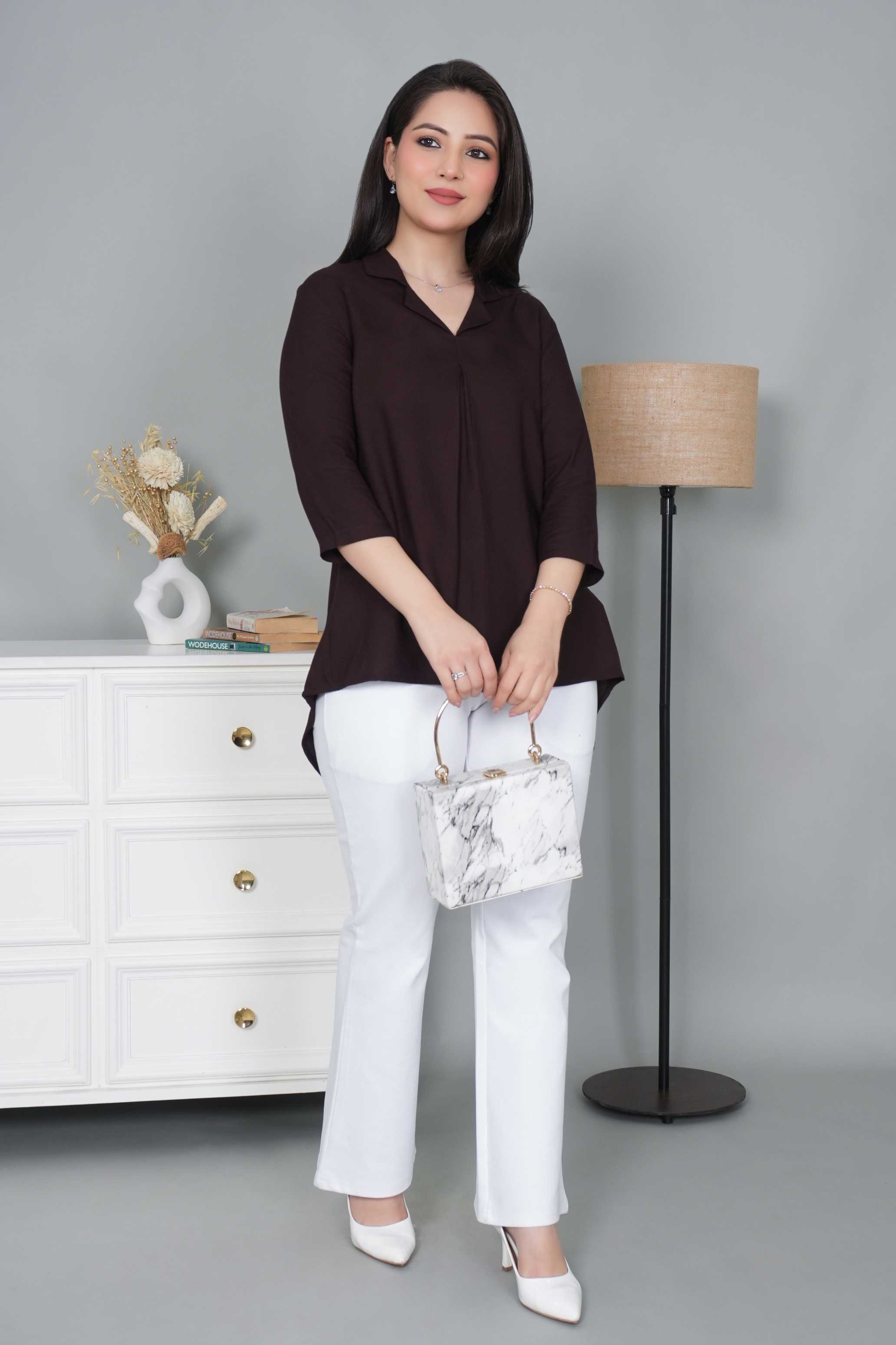 Dark chocolate rayon collar top [ Premium 100% Rayon, Liva Certified ]