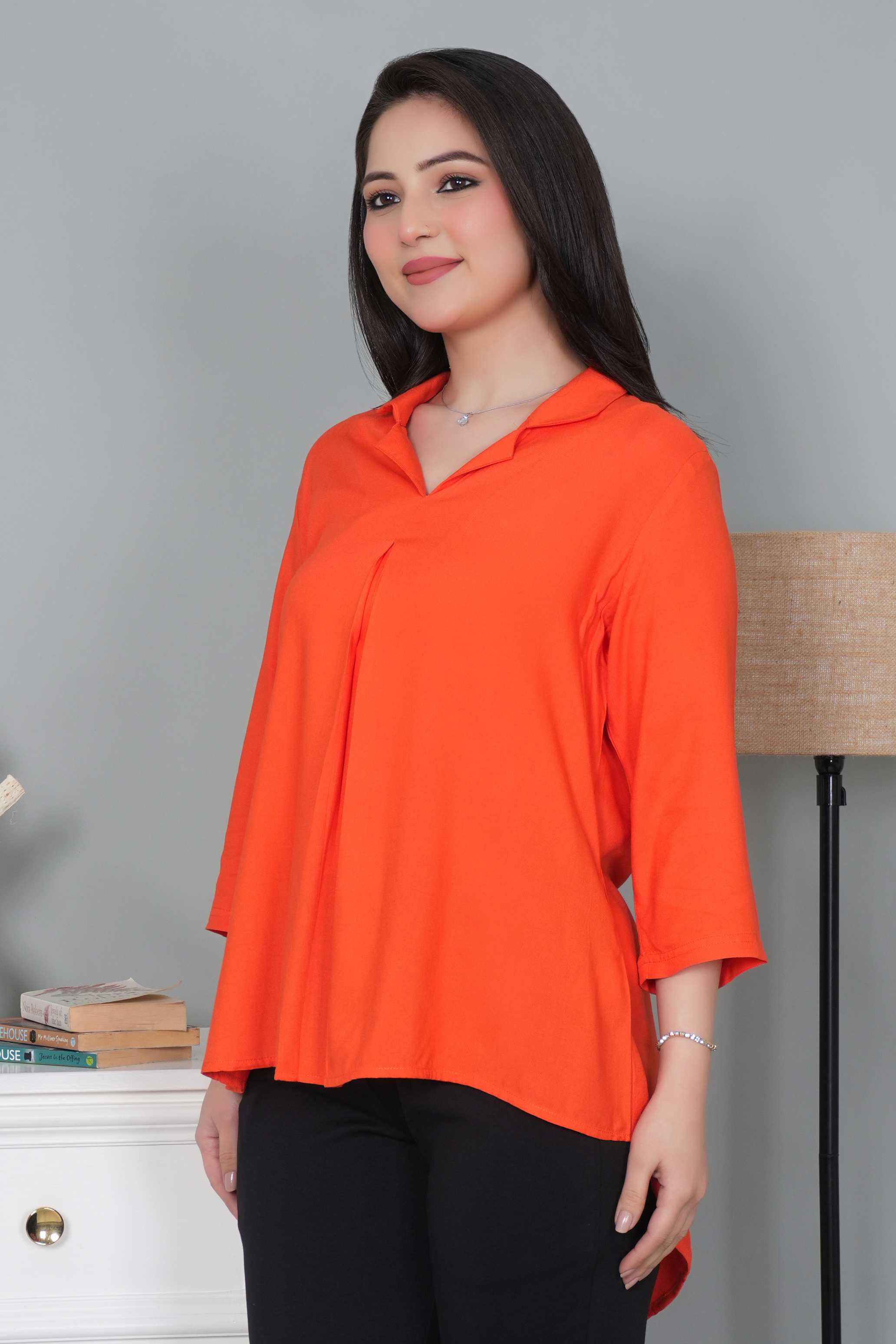 Spicy orange rayon collar top [ Premium 100% Rayon, Liva Certified ]