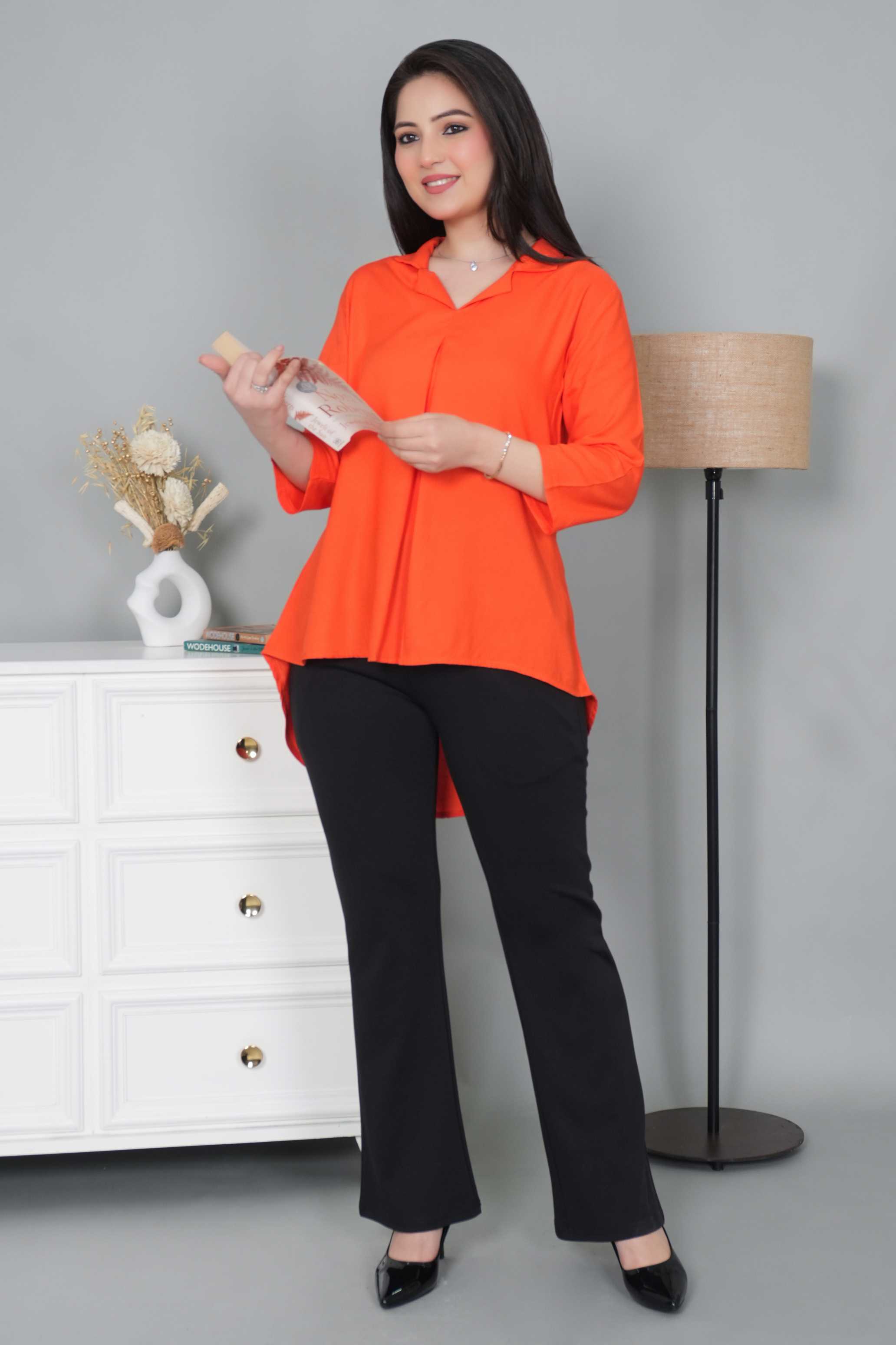 Spicy orange rayon collar top [ Premium 100% Rayon, Liva Certified ]