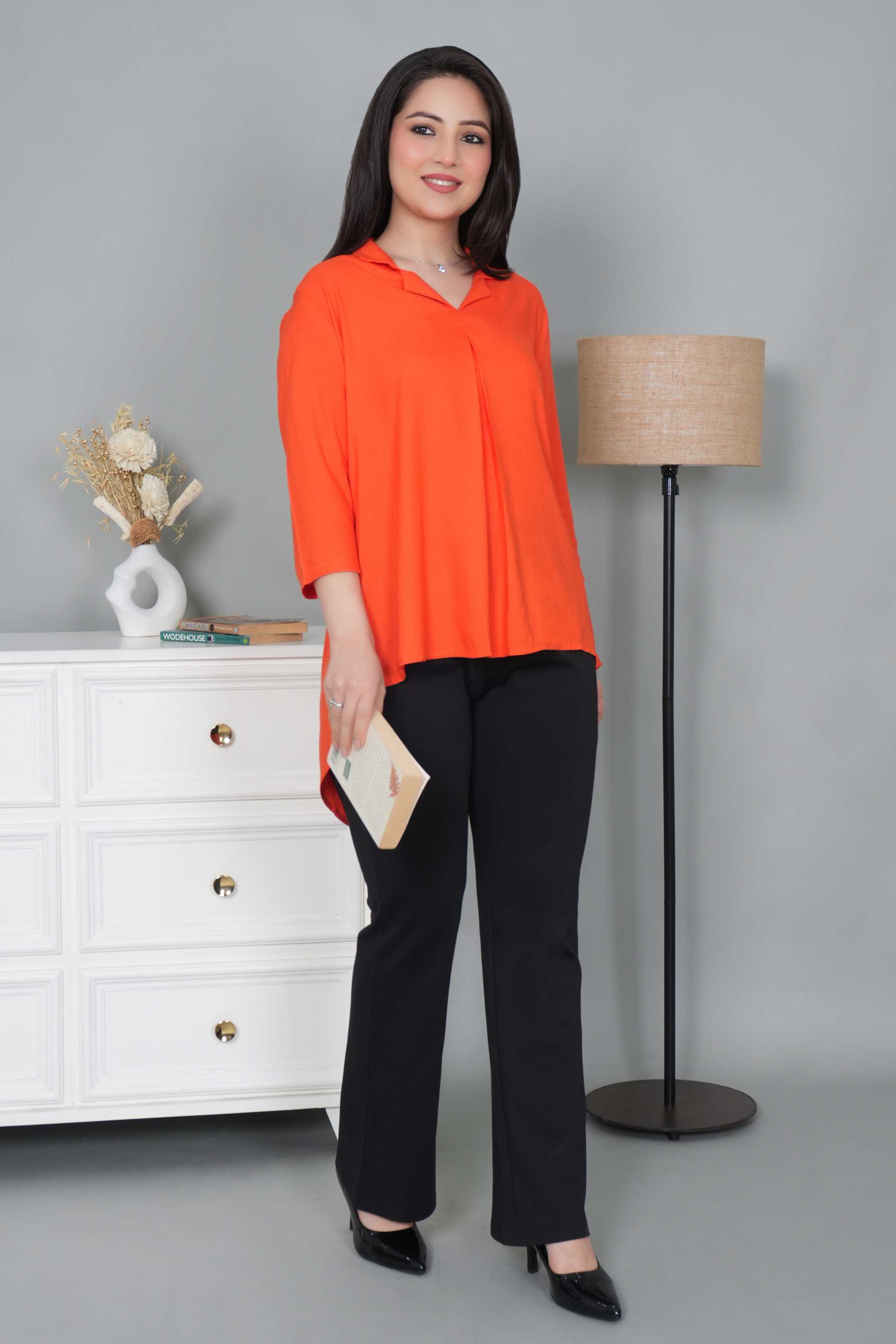 Spicy orange rayon collar top [ Premium 100% Rayon, Liva Certified ]
