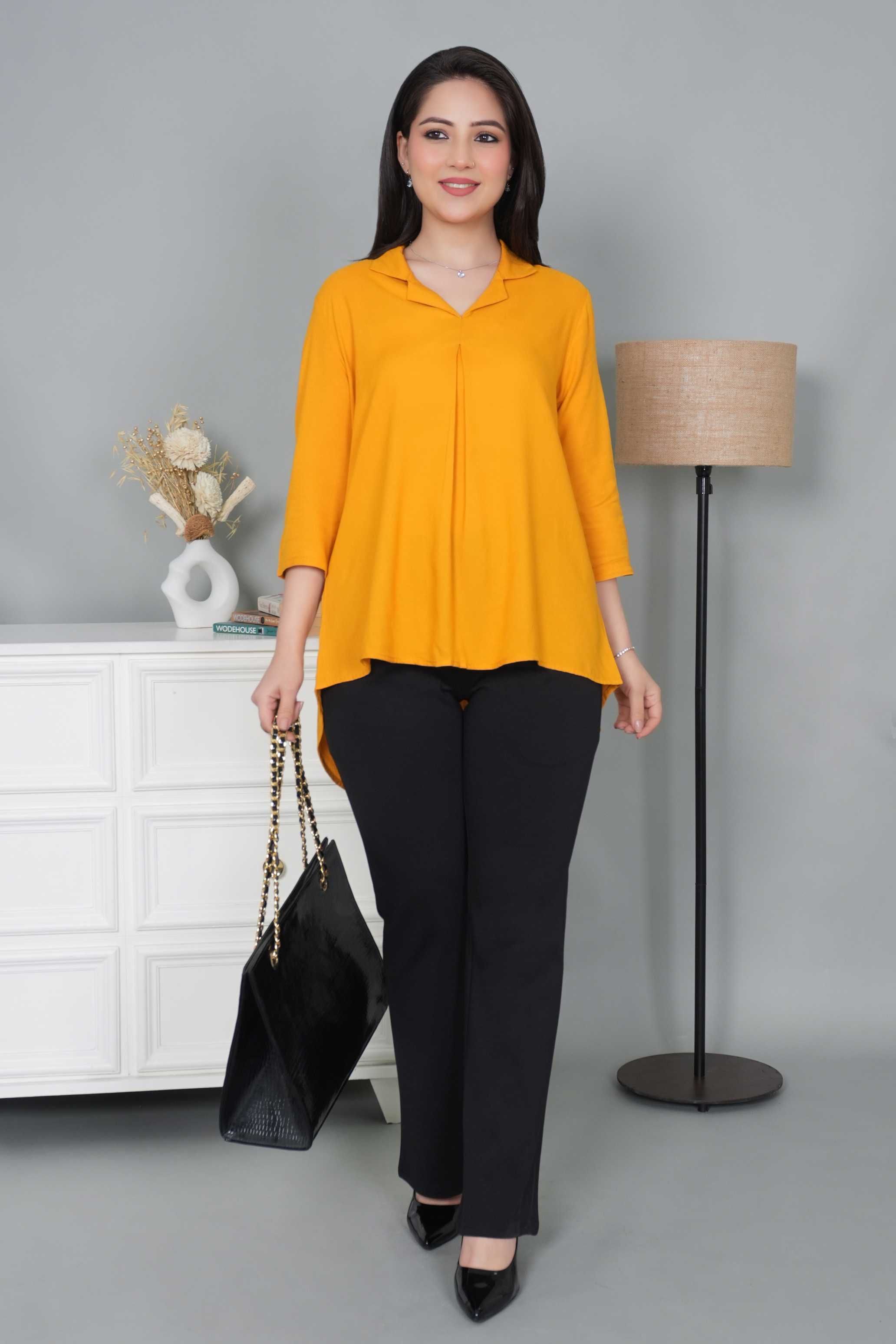Mustard rayon collar top [ Premium 100% Rayon, Liva Certified ]