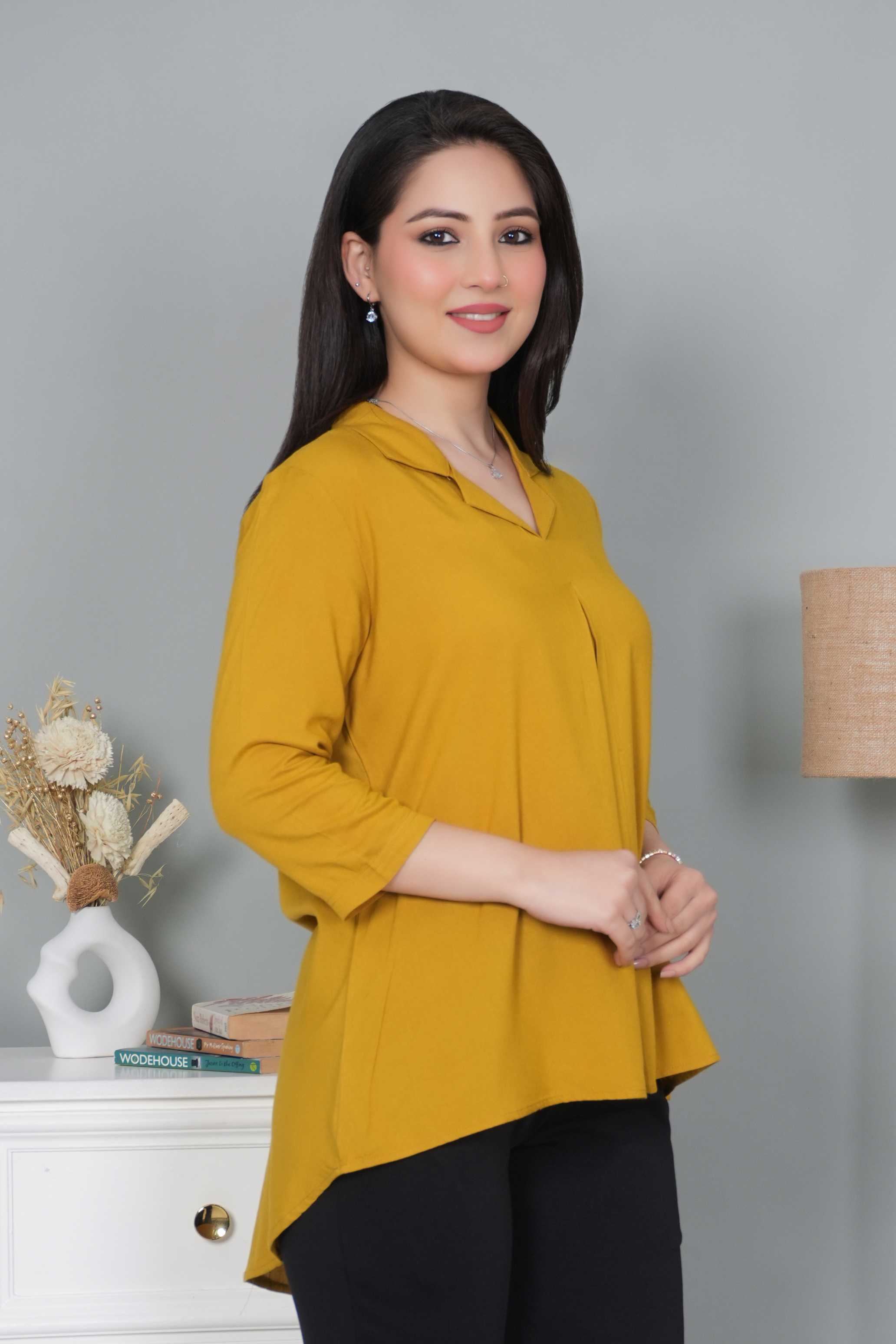 Honey mustard rayon collar top [ Premium 100% Rayon, Liva Certified ]