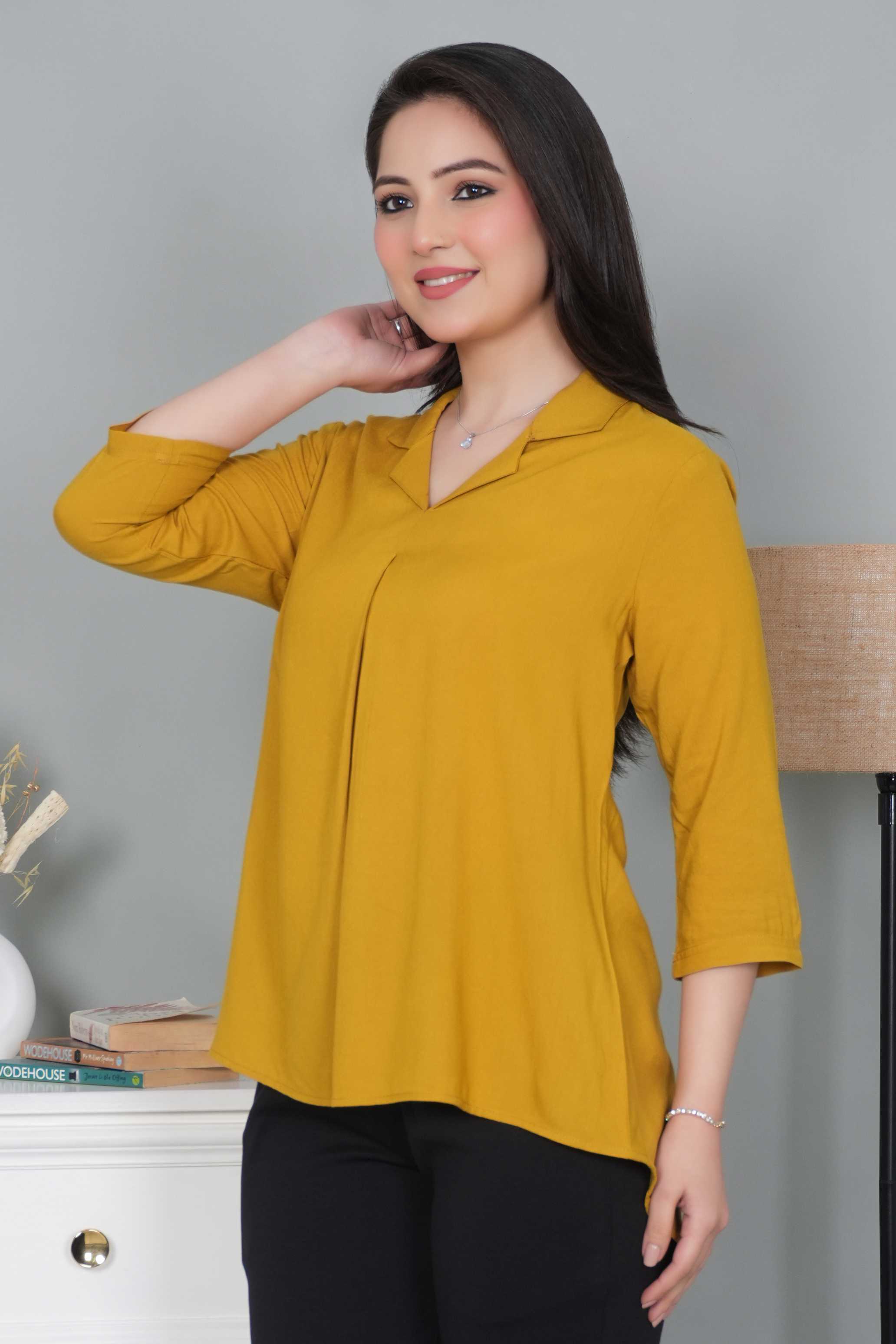 Honey mustard rayon collar top [ Premium 100% Rayon, Liva Certified ]