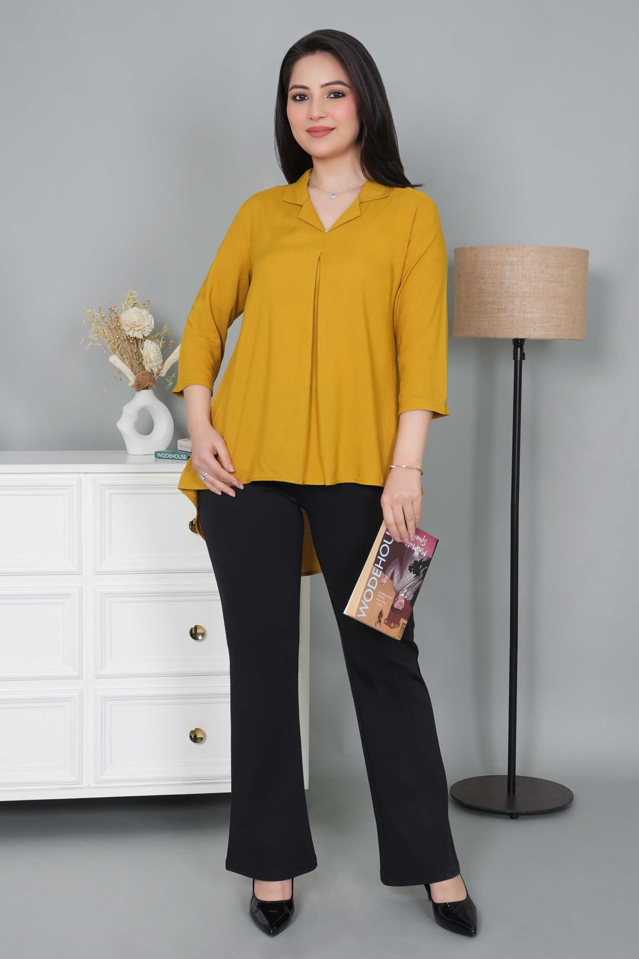 Honey mustard rayon collar top [ Premium 100% Rayon, Liva Certified ]