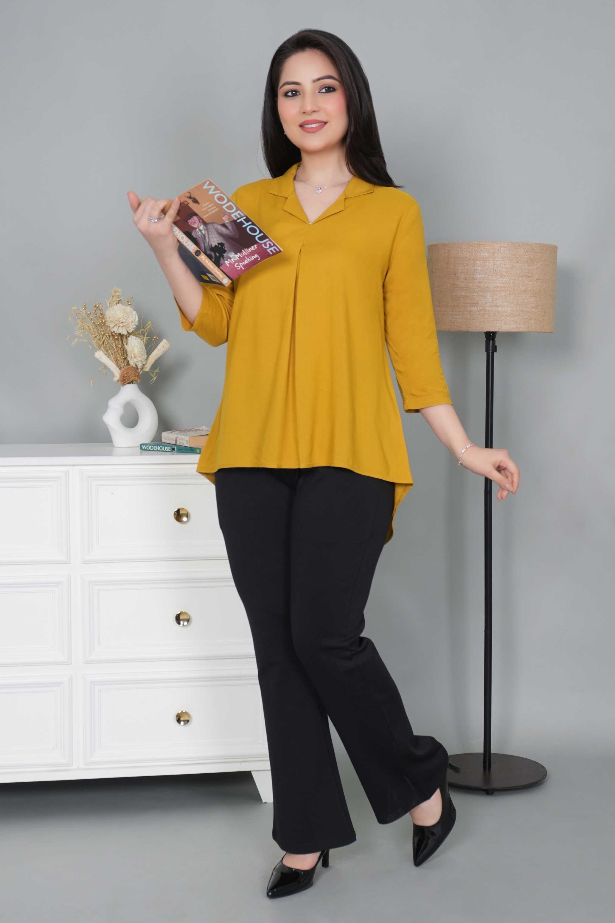 Honey mustard rayon collar top [ Premium 100% Rayon, Liva Certified ]