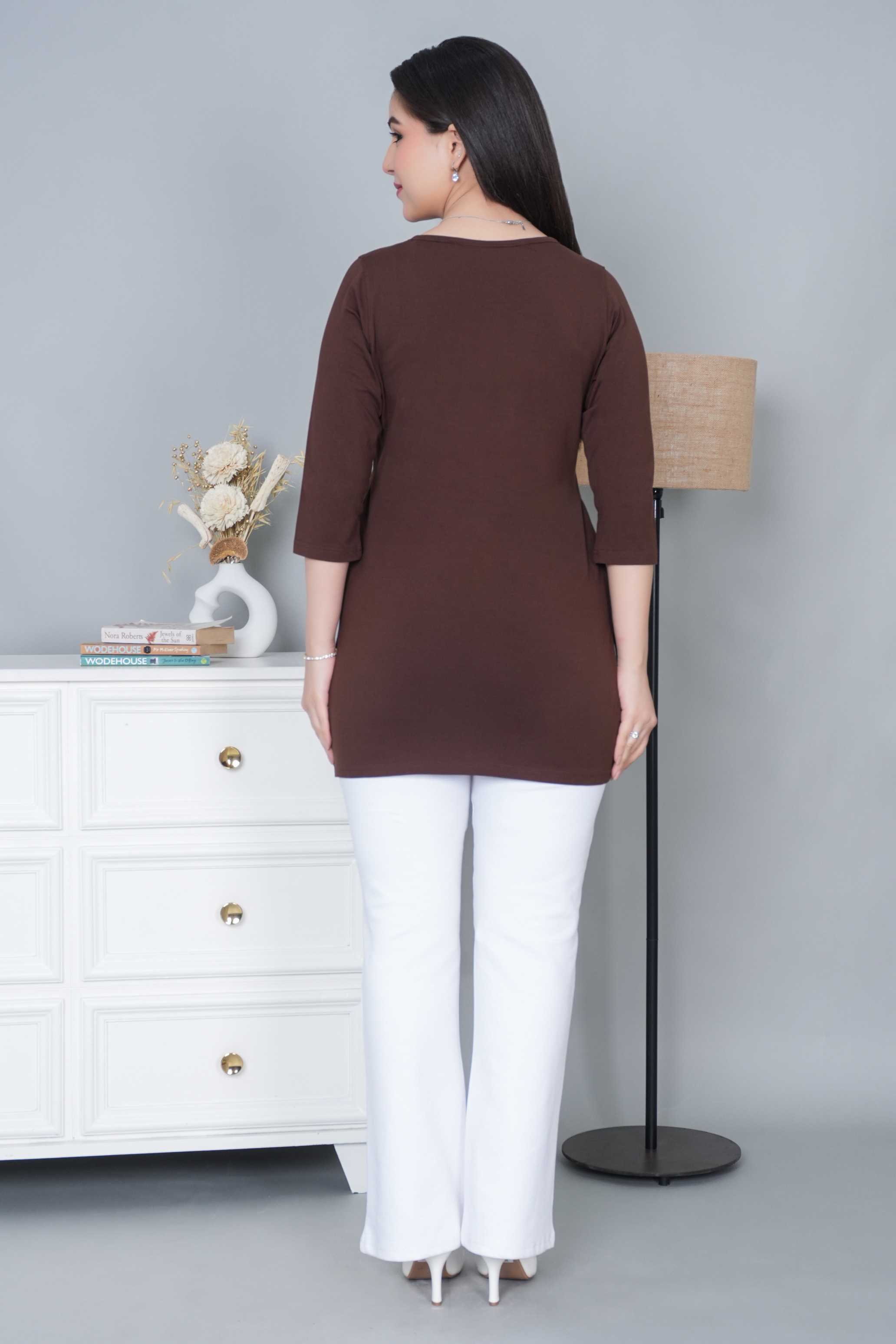 Coffee long round neck henley cotton lycra t-shirt with pockets