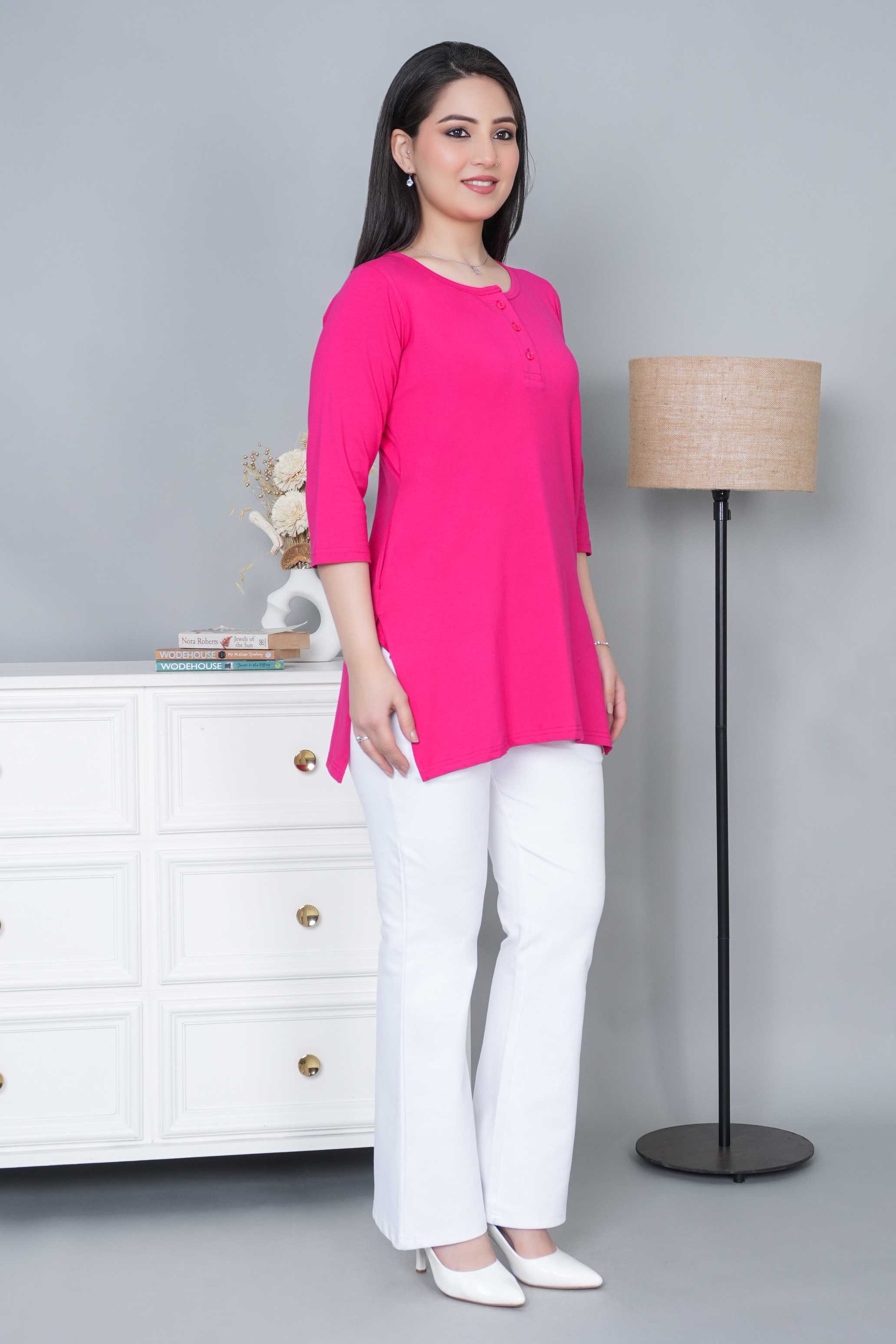 Pink long round neck henley cotton lycra t-shirt with pockets