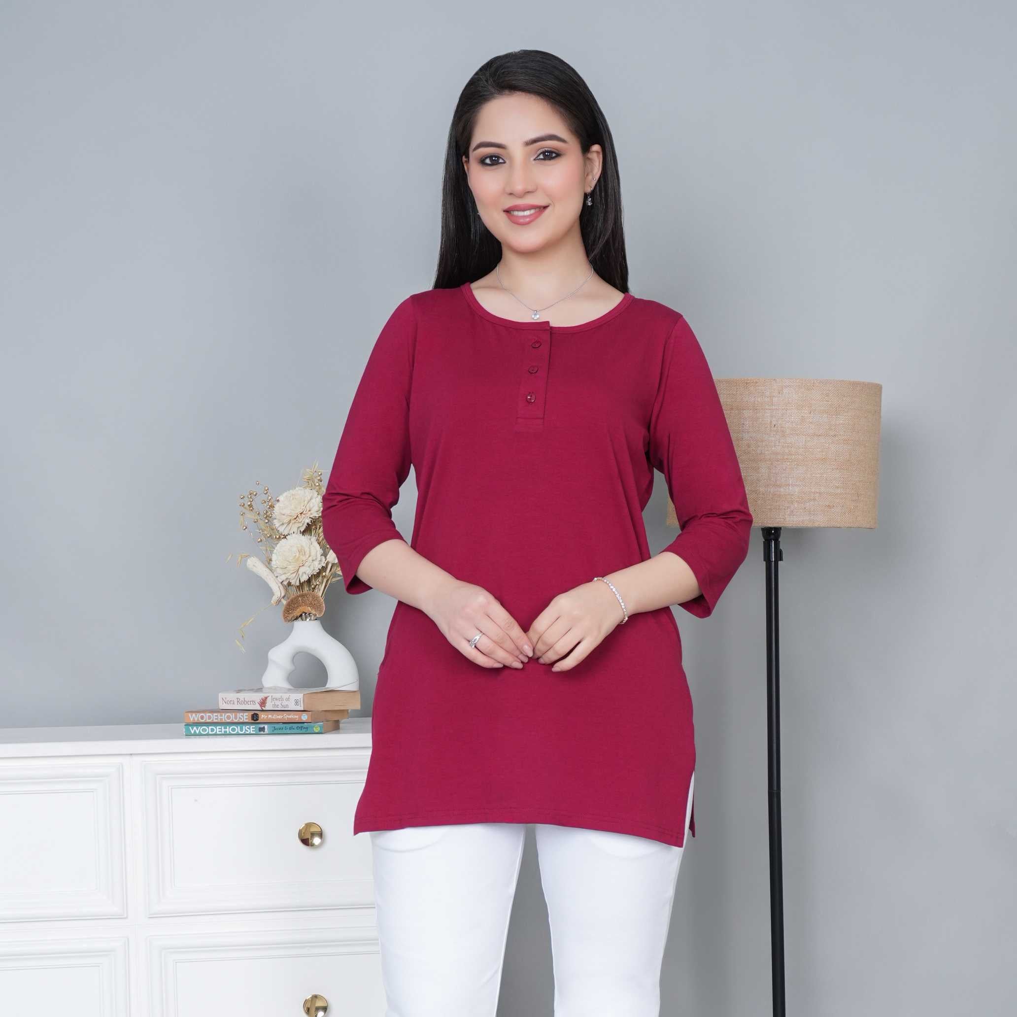 Maroon long round neck henley cotton lycra t-shirt with pockets