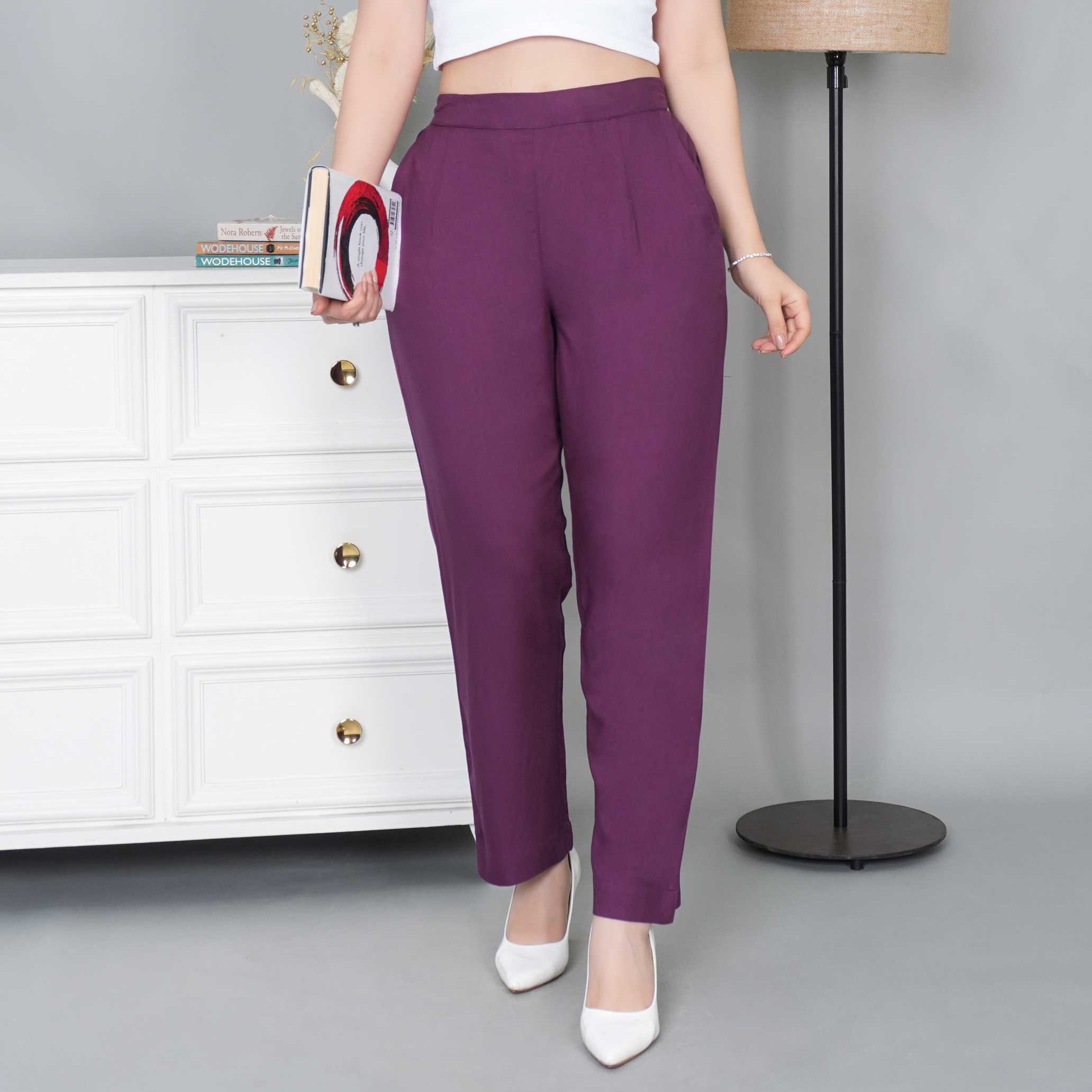 Dark purple rayon pant for women, casual & formal wear.