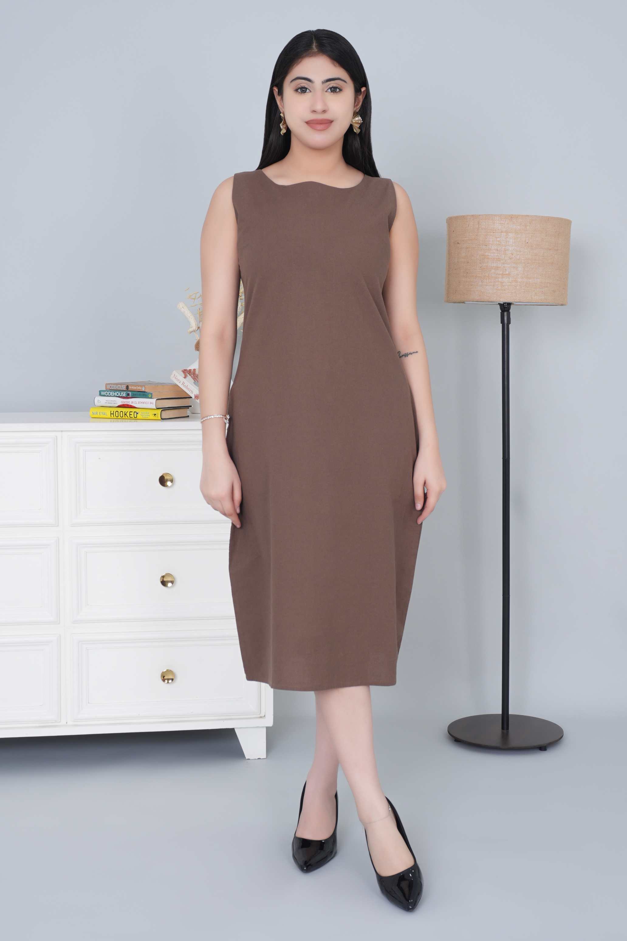 Coffee cotton midi dress [100% pure cotton]