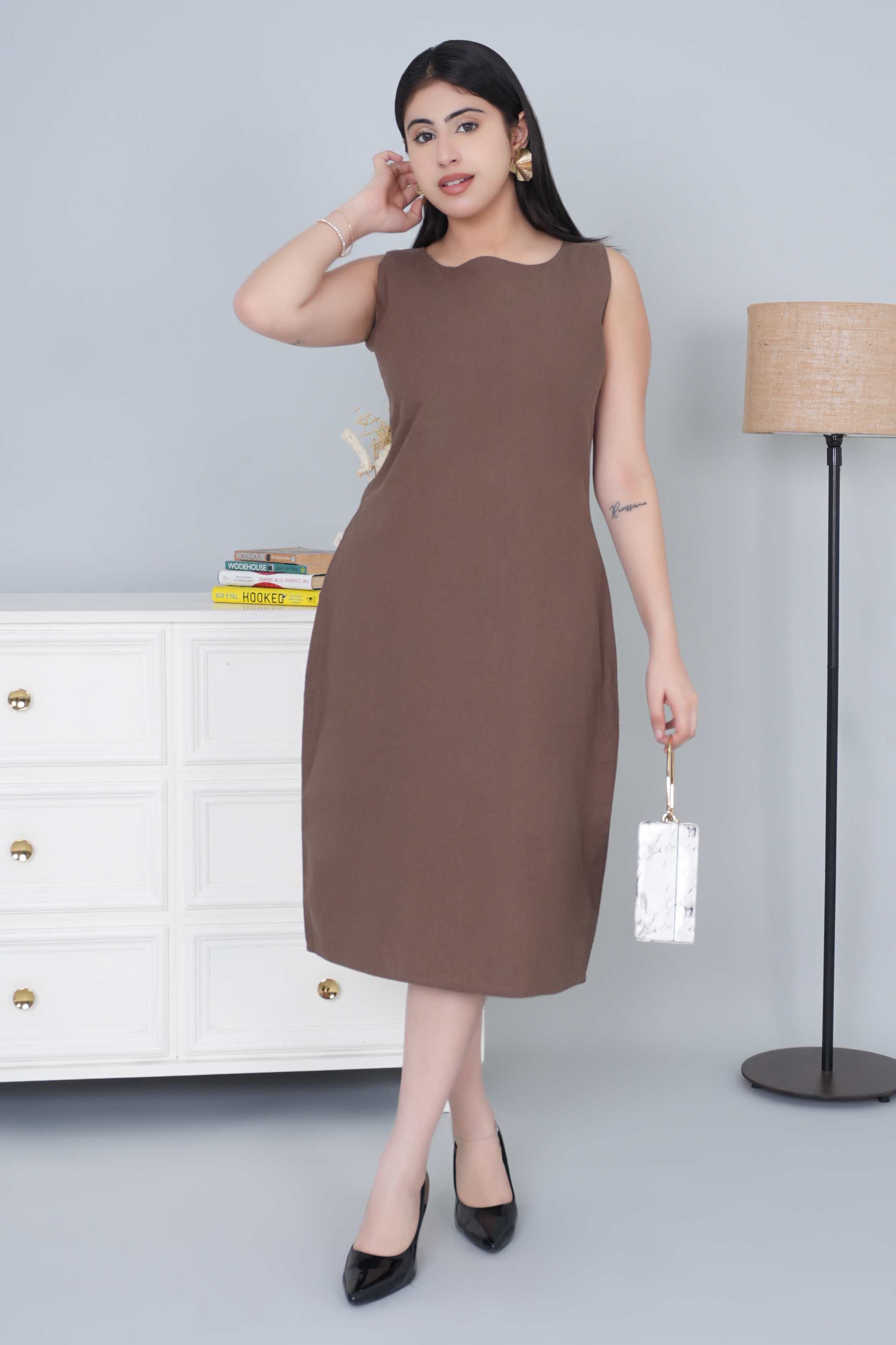 Coffee cotton midi dress [100% pure cotton]