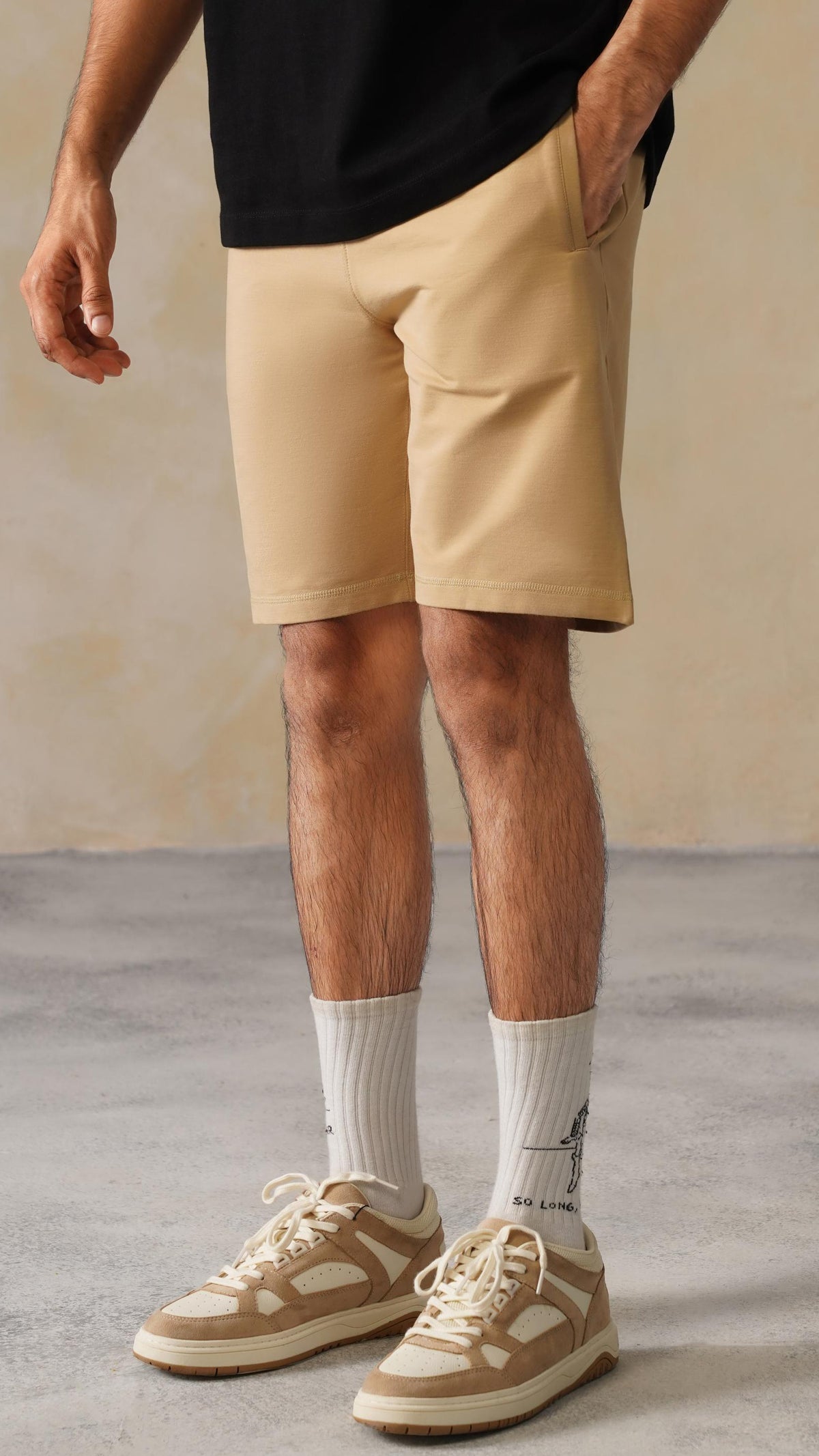 Men beige all day shorts with extra comfort. [100% Cotton Lycra]