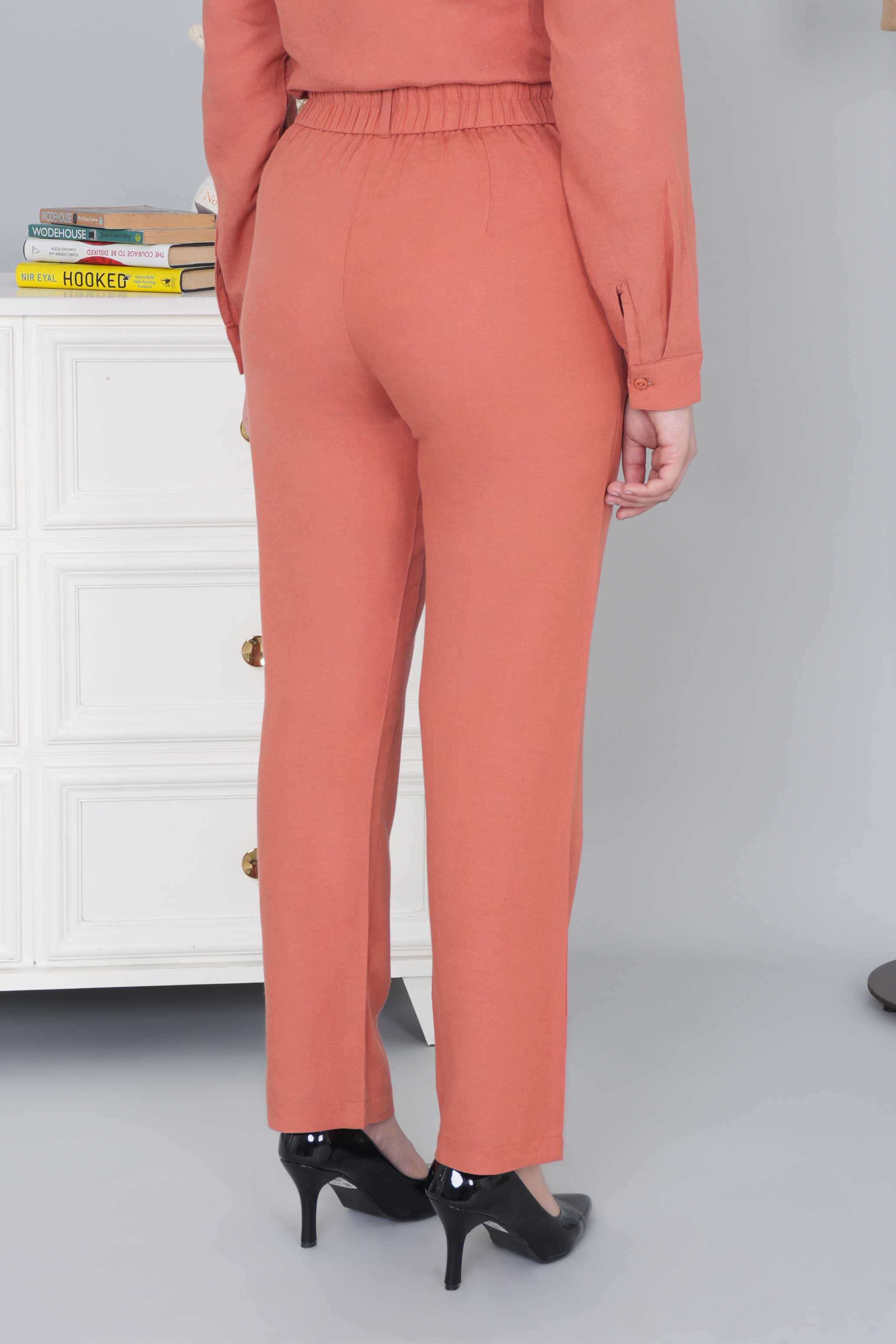 Rust cotton linen straight fit pant