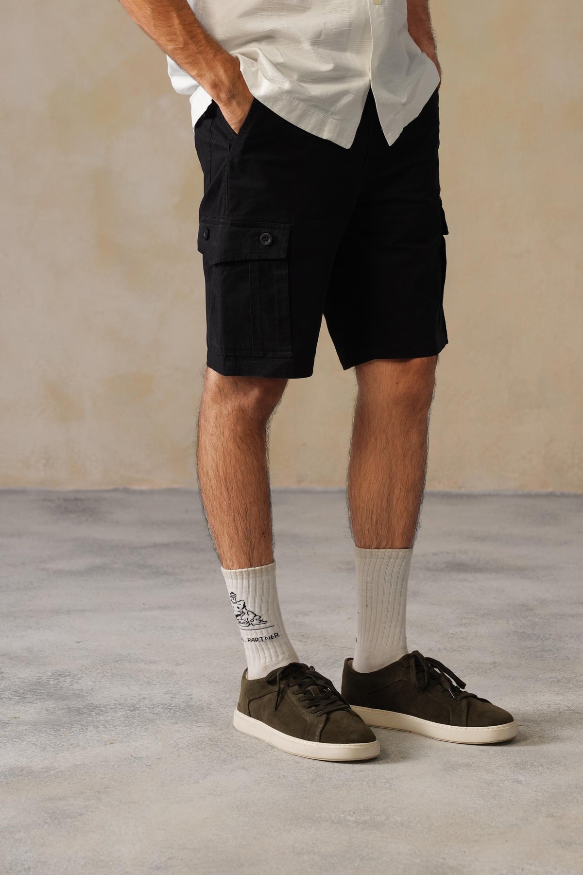 Men black stretchable biowash HQ cotton travel shorts with superior elastic belt.