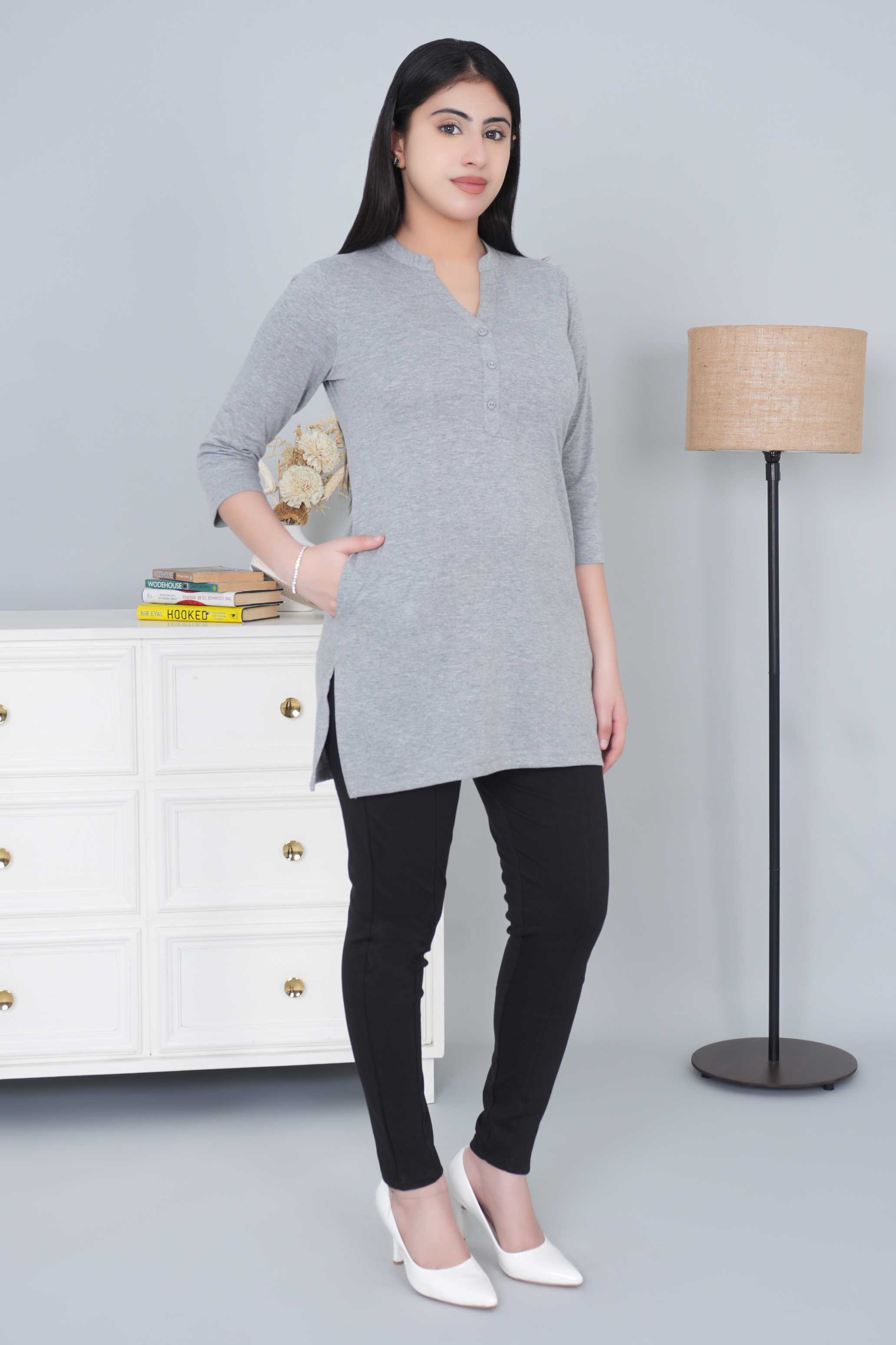 Light Grey cotton kurti tshirt with pockets