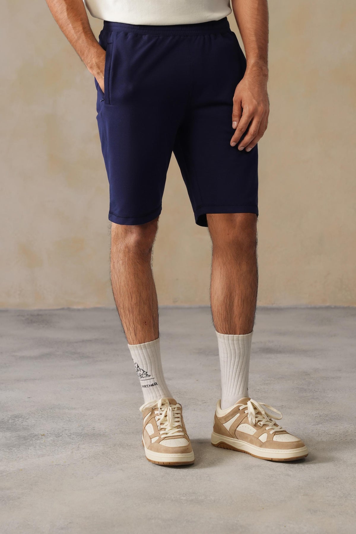 Men navy all day shorts with extra comfort. [100% Cotton Lycra]