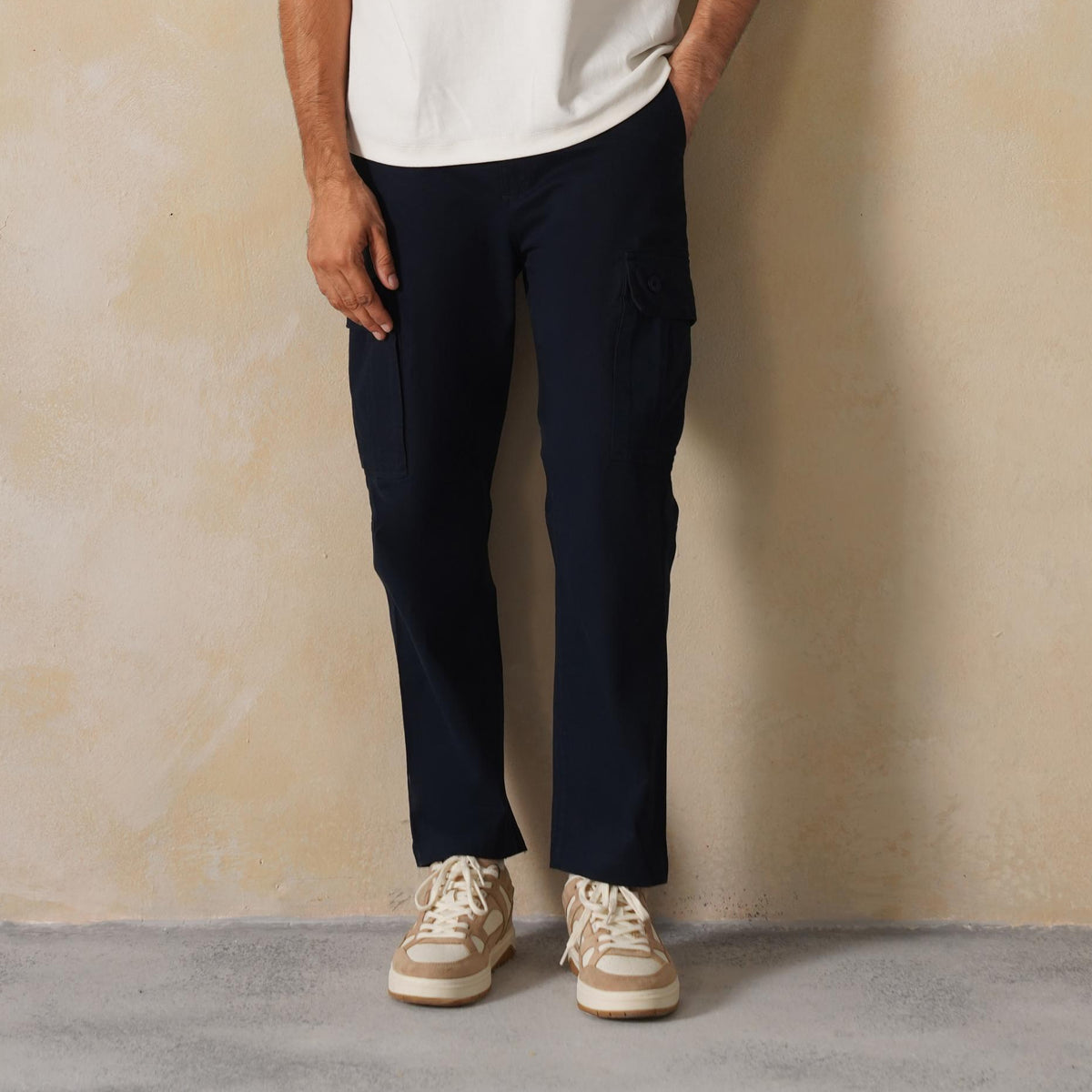 Men navy stretchable biowash HQ cotton travel cargo bottom with superior elastic belt.