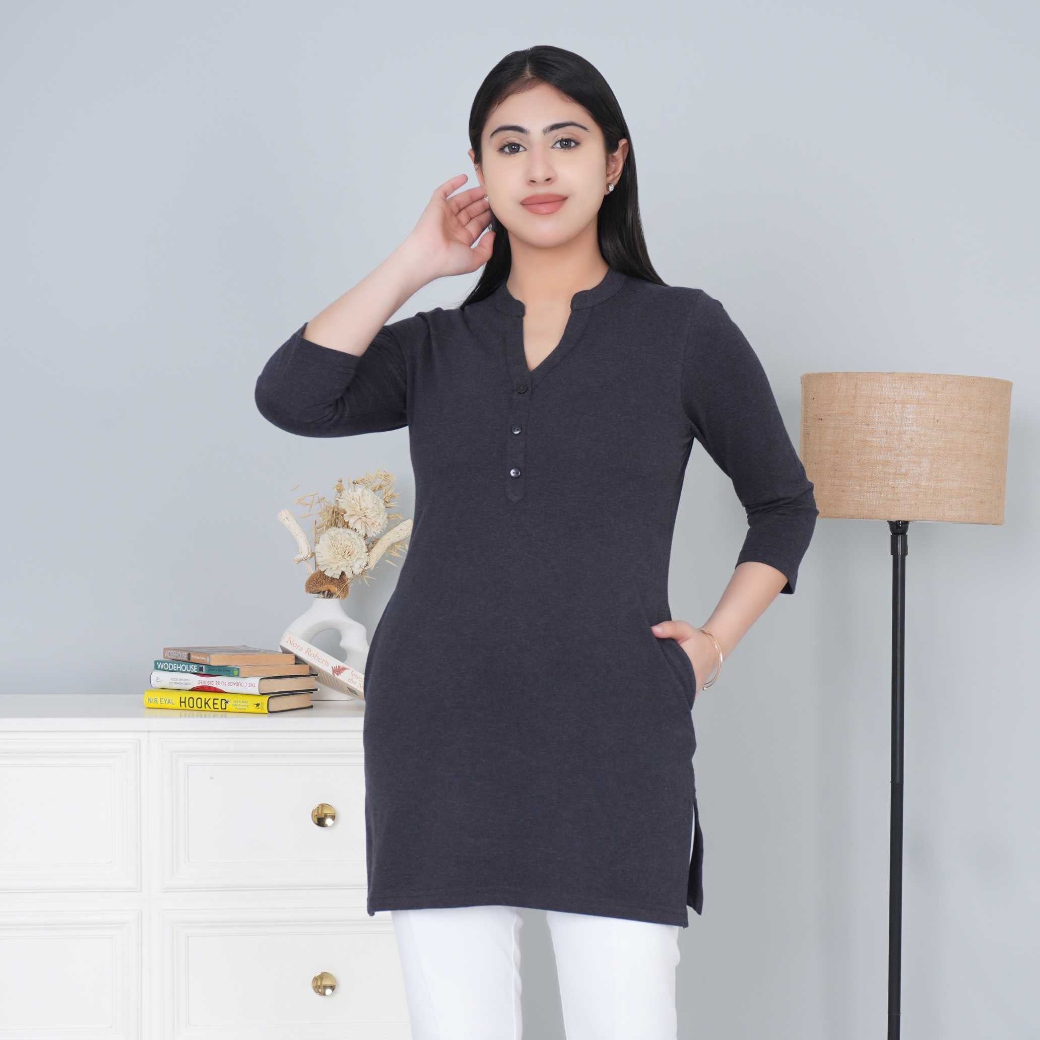 Dark navy melange cotton kurti tshirt with pockets