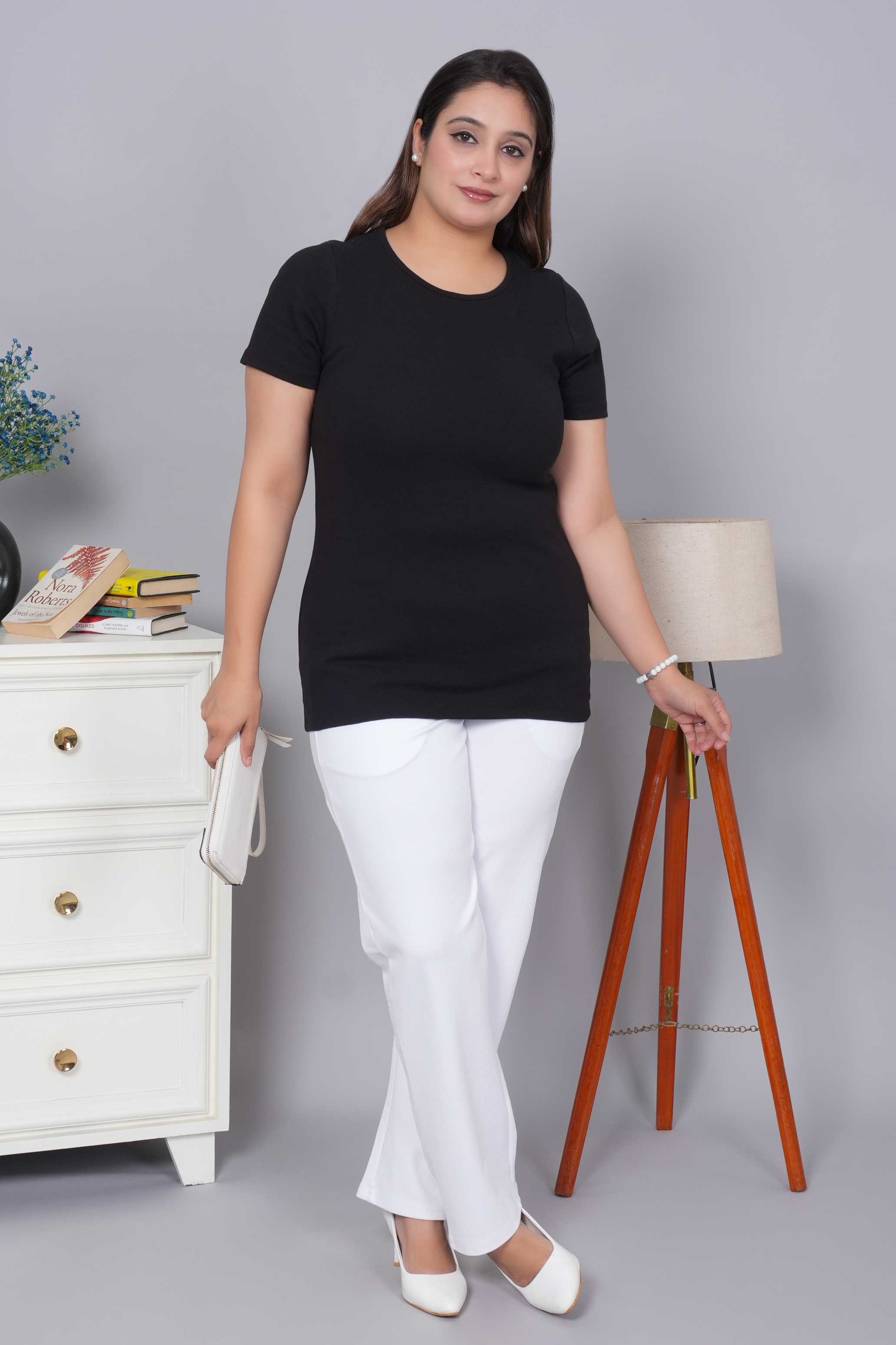 Black Stretchable Rib T Shirt [ 100% USA HQ Cotton, 280 GSM non transparent fabric ]