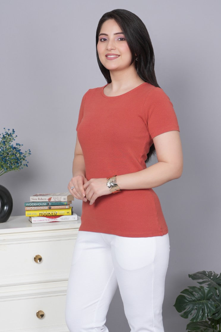 Rust Stretchable Rib T Shirt [ 100% USA HQ Cotton, 280 GSM non transparent fabric ]