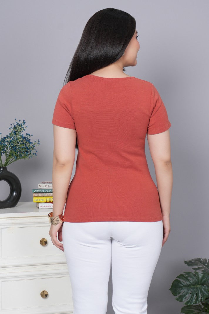 Rust Stretchable Rib T Shirt [ 100% USA HQ Cotton, 280 GSM non transparent fabric ]