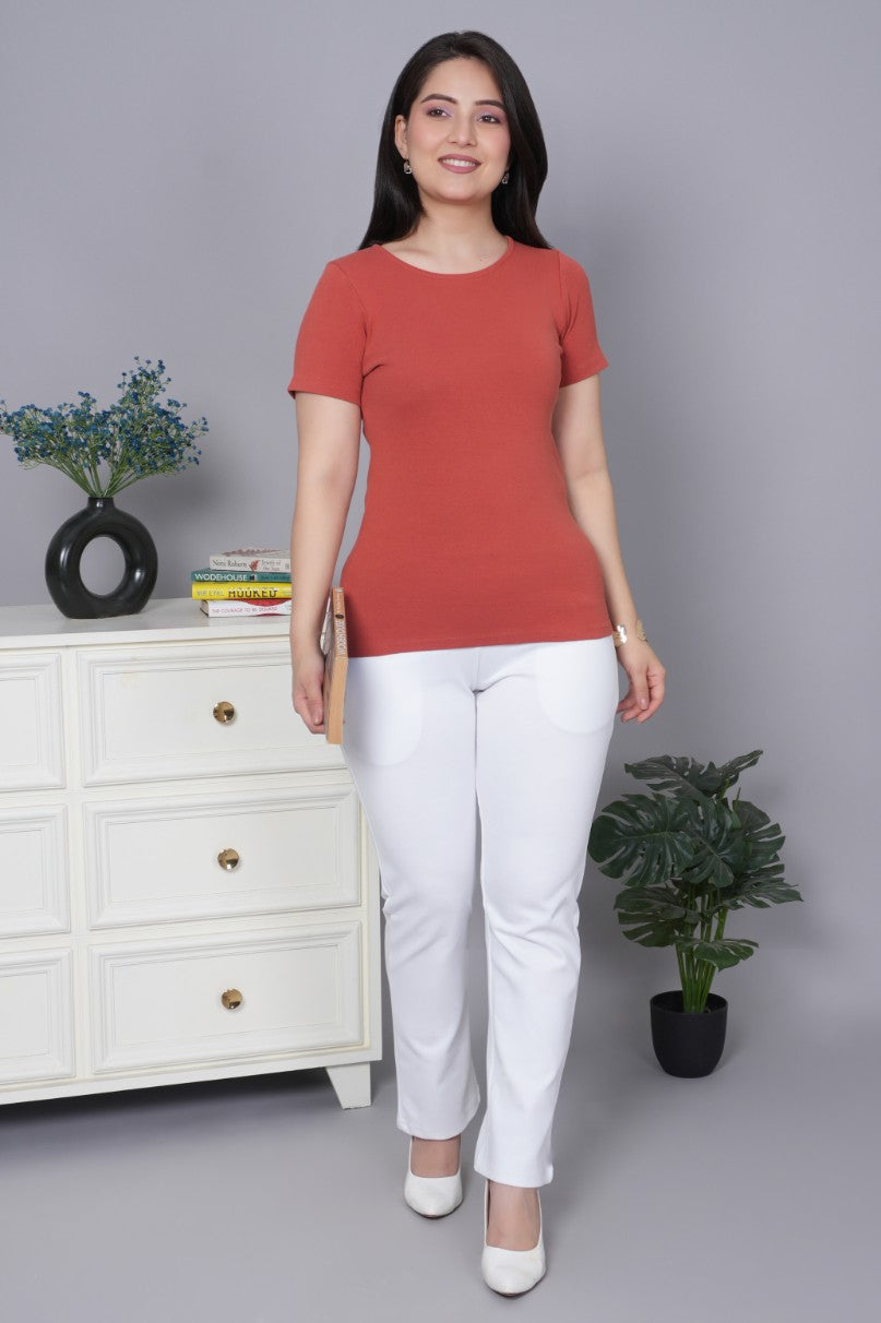 Rust Stretchable Rib T Shirt [ 100% USA HQ Cotton, 280 GSM non transparent fabric ]