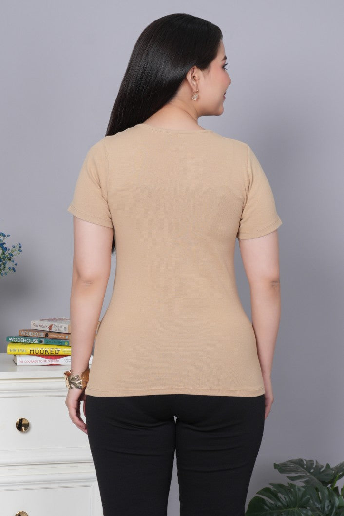 Beige Stretchable Rib T Shirt [ 100% USA HQ Cotton, 280 GSM non transparent fabric ]