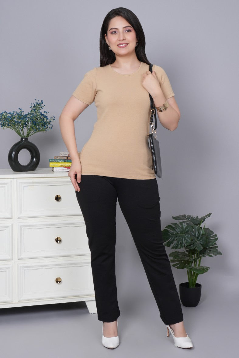 Beige Stretchable Rib T Shirt [ 100% USA HQ Cotton, 280 GSM non transparent fabric ]