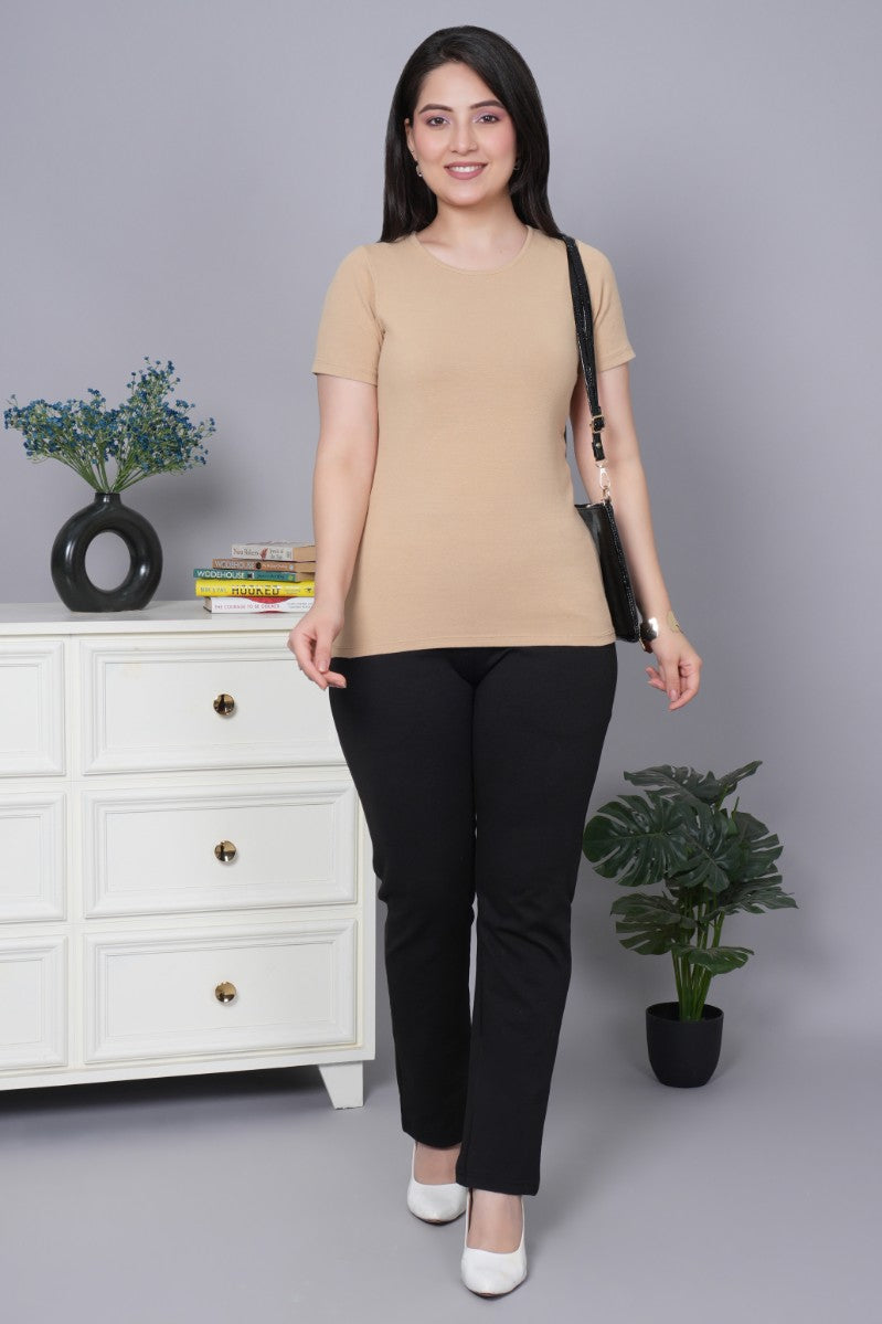 Beige Stretchable Rib T Shirt [ 100% USA HQ Cotton, 280 GSM non transparent fabric ]