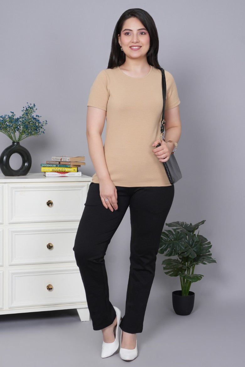 Beige Stretchable Rib T Shirt [ 100% USA HQ Cotton, 280 GSM non transparent fabric ]