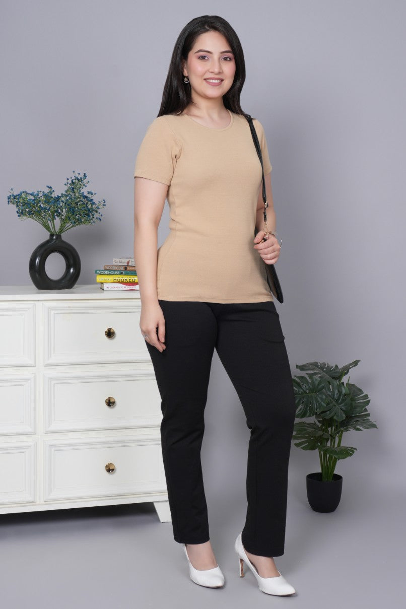 Beige Stretchable Rib T Shirt [ 100% USA HQ Cotton, 280 GSM non transparent fabric ]