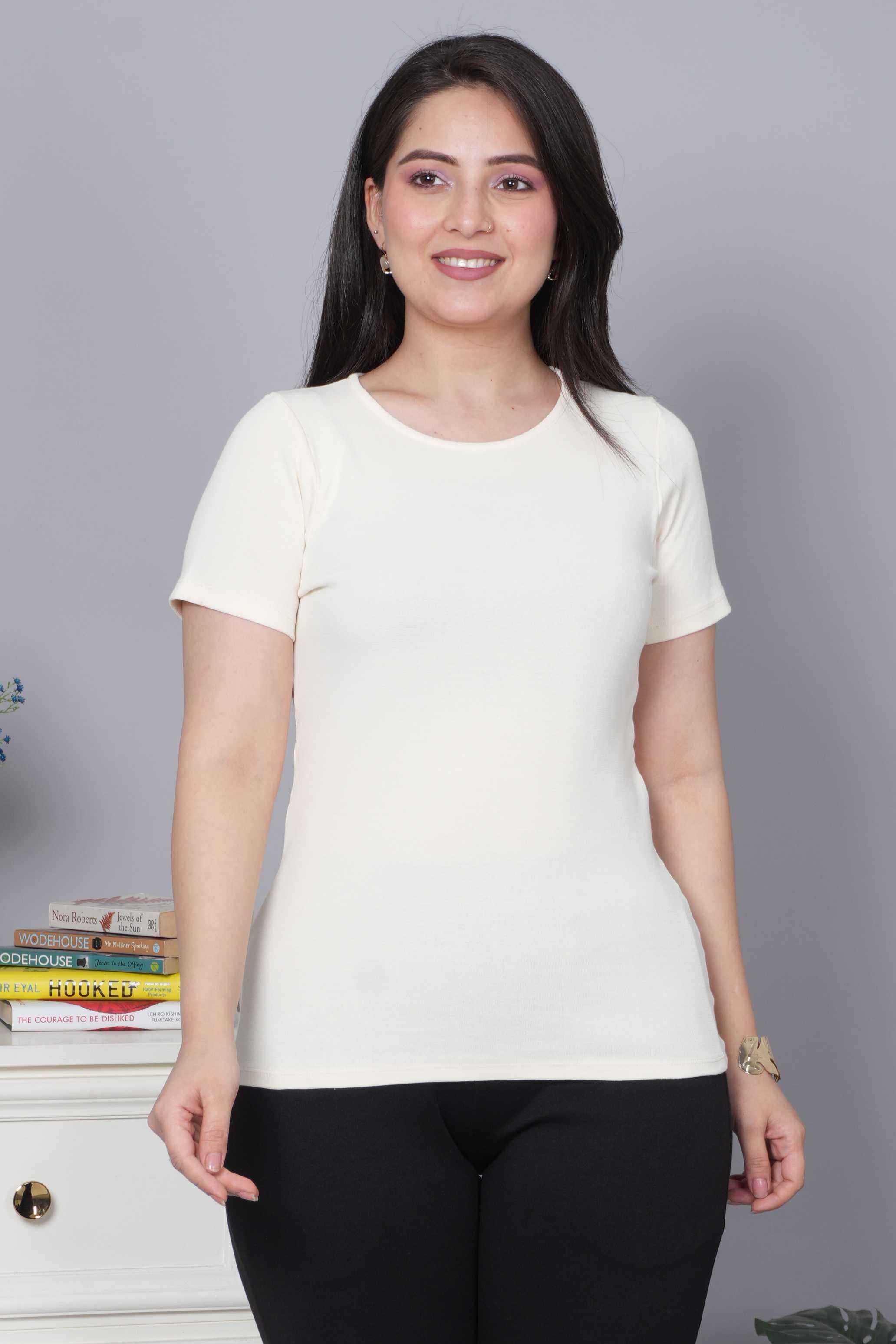 Off White Stretchable Rib T Shirt [ 100% USA HQ Cotton, 280 GSM non transparent fabric ]